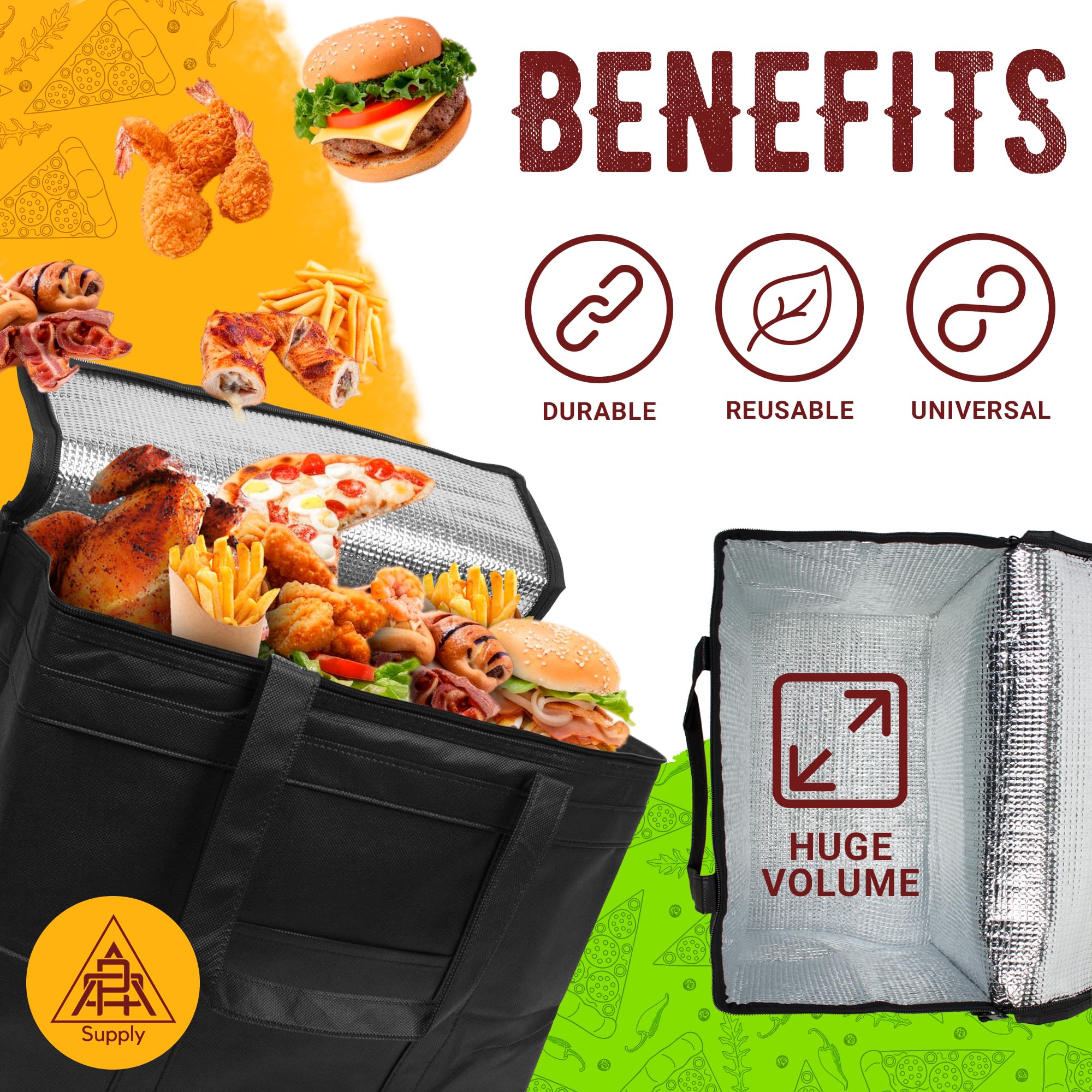 Premium Black Insulated Food Delivery Bag - Heavy Duty Zippered Cold Grocery Bag for Takeout & Catering | Foldable, Leak-Proof Thermal Tote for Meal Prep, Picnics & Amazon Fresh Deliveries