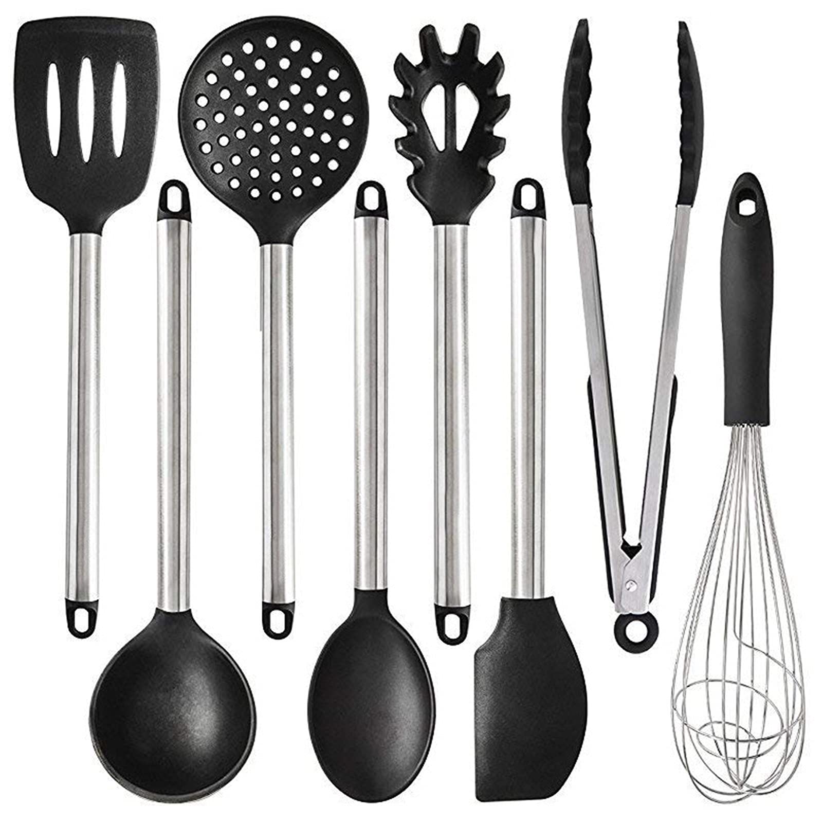 Heat-Resistant Silicone Kitchen Utensils Set - 8-Piece Non-Stick Cooking Tools with Spatula, Whisk, Ladle & Tongs - Stainless Steel Bakeware for Baking, Frying & Sauteing - Perfect for Home Chefs & Professional Kitchens