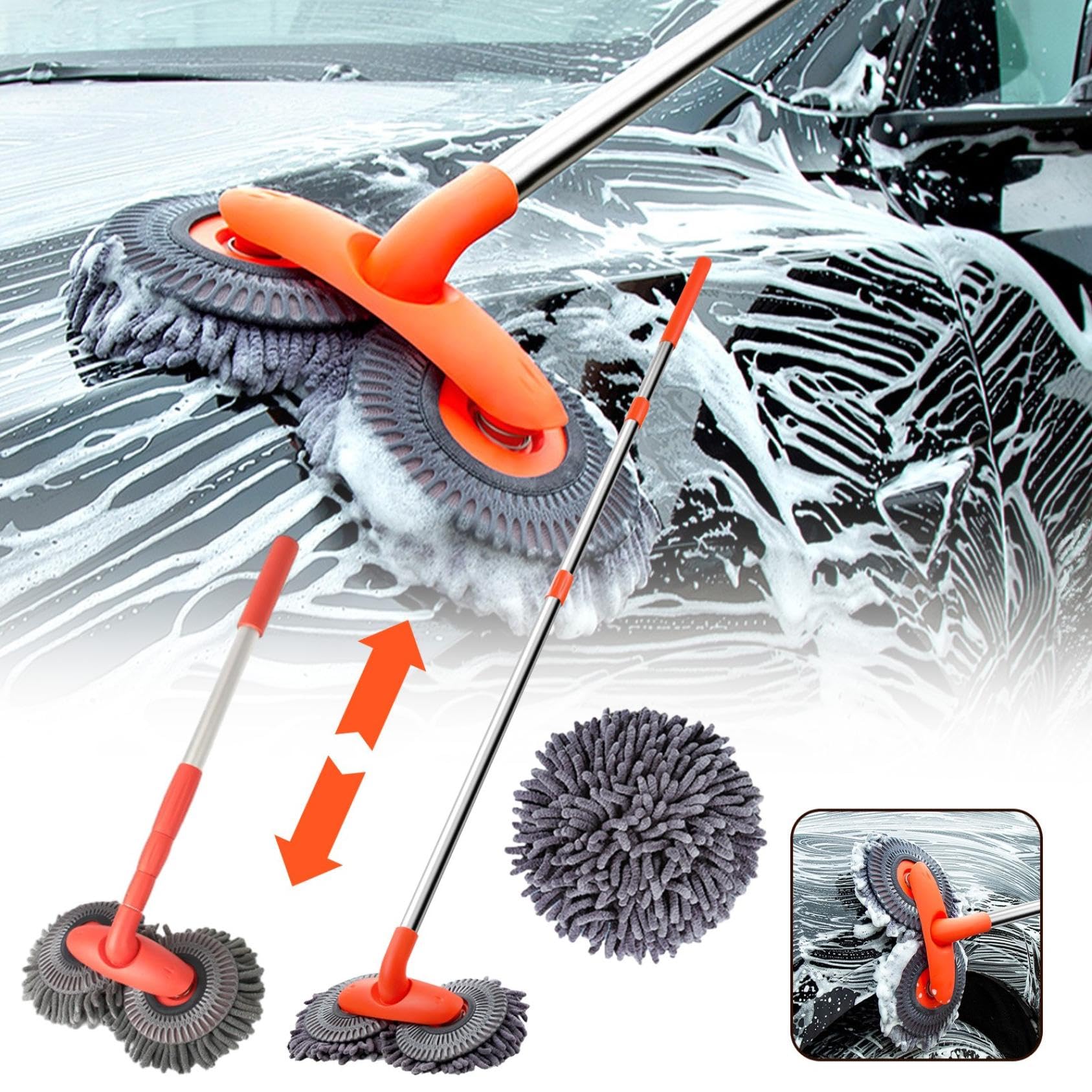 Premium Car Wash Brush Kit - Long Handle Auto Wash Brush with Super Water Absorption for Cars, SUVs, Trucks - Ideal for Washing, Mopping & Glass Cleaning (19.68-45.27 Inches, Gray) - Perfect for Home Car Care & Professional Detailing
