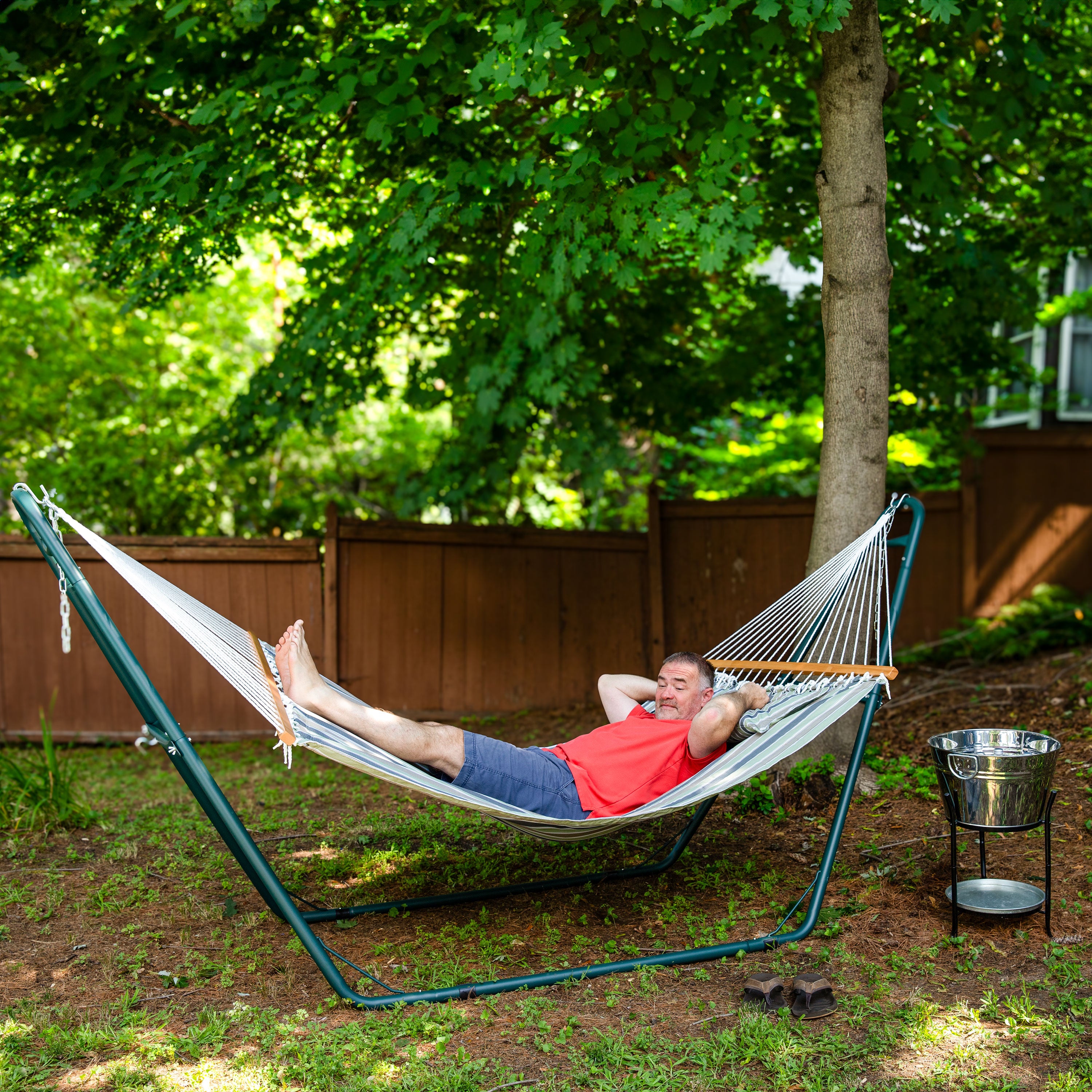 Sunnydaze 2-Person Fabric Spreader Bar Hammock with Pillow - Outdoor Relaxation for Backyard, Patio & Camping
