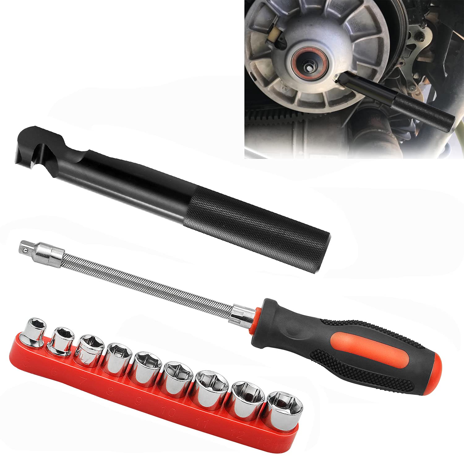 Polaris RZR S 900/XP/RZR XP4 1000 Belt Changing Tool Kit with Flexible Driver & Reversible Sockets (5mm-13mm) - Black | Clutch Cover Removal Tool for ATV Maintenance & Off-Road Vehicle Repair