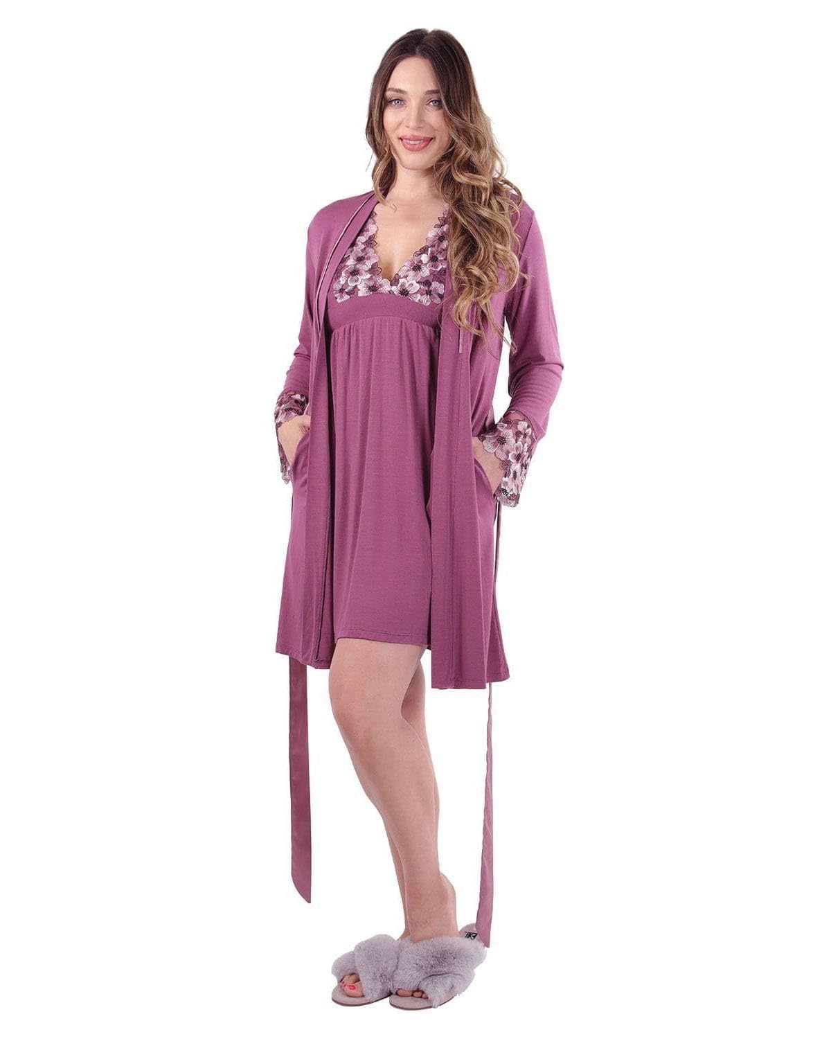 MeMoi Women's Floral Embroidered Robe - Elegant Lace Trim Kimono Style Bathrobe for Spa, Bridal Shower & Boudoir Photography