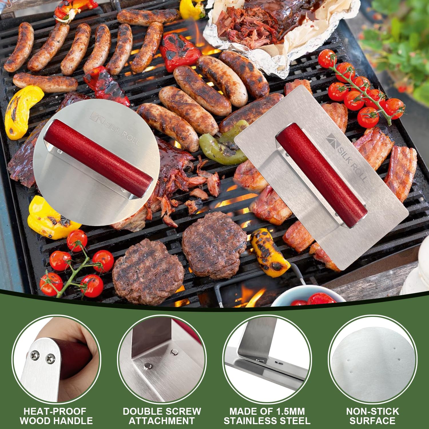 Premium Stainless Steel Burger Press Set - 8 Inch Bacon Press & 6.3 Inch Round Hamburger Smasher with Wood Handle, Heavy Duty Meat Press for Grill, BBQ, Smash Burgers, Bacon Up, Beef Patties - Perfect for Backyard Cookouts, Restaurant Use & Home Kitchen
