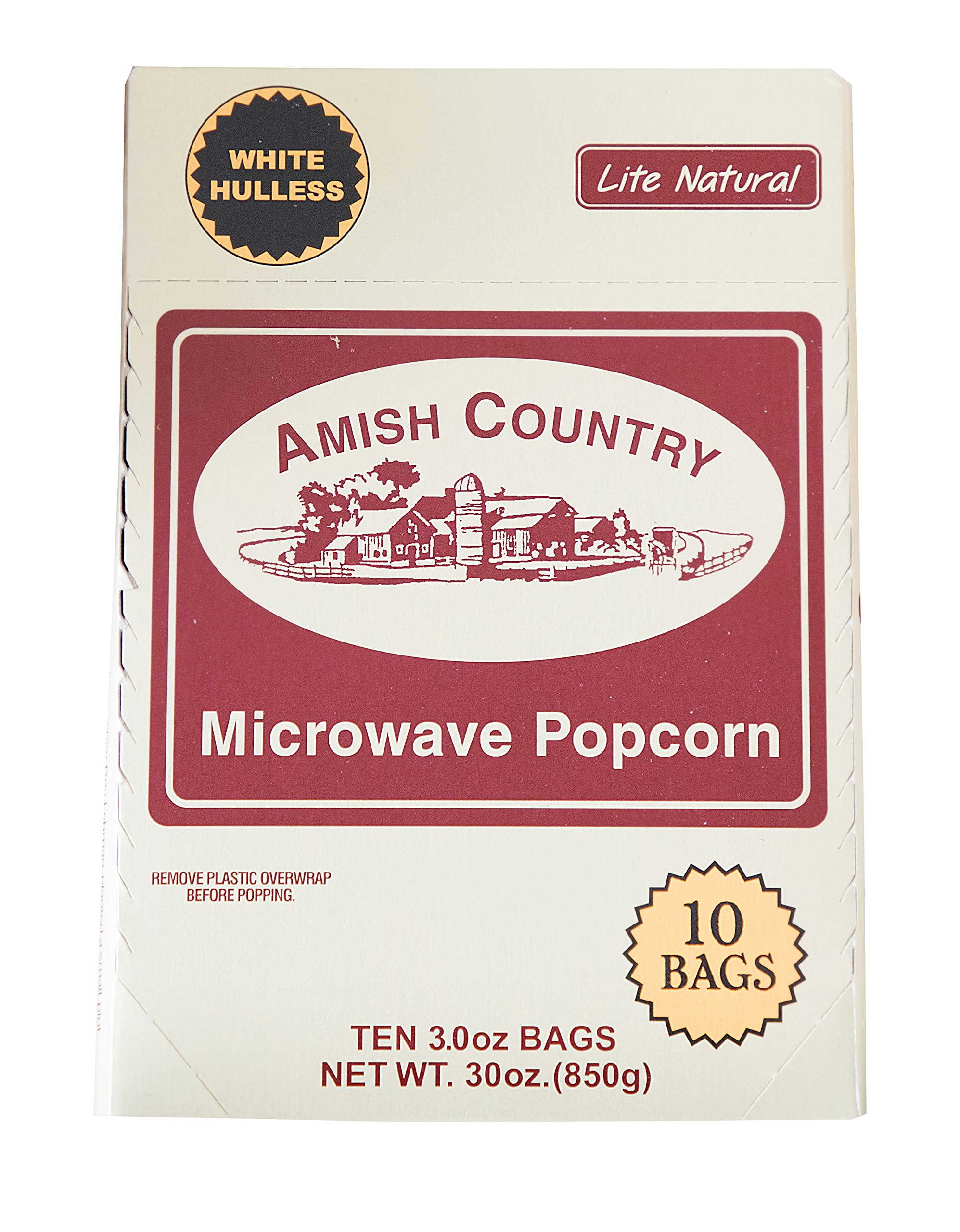 Amish Country Popcorn - Old Fashioned Microwave Popcorn, 10 Bags Lite Natural White Hulless - Non-GMO, Gluten Free, Kosher Certified | Perfect for Movie Nights, Healthy Snacking & Family Gatherings