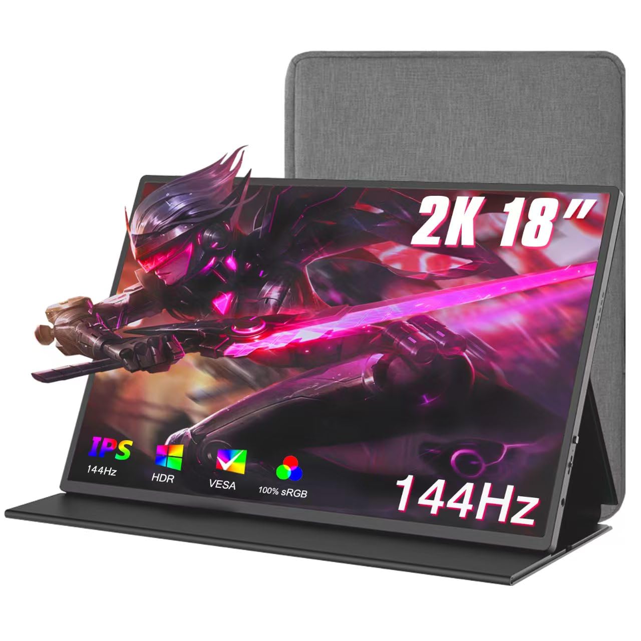 2K 144Hz Portable Monitor 18inch - 2560x1600 QHD IPS HDR Display, 100% sRGB, Ultra Slim Frameless Aluminum Alloy Case with VESA Mount - Perfect for Gaming, Work & Travel with Laptop, Phone & Game Devices