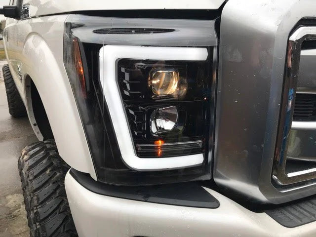 Ford Super Duty F-250 F-350 F-450 F-550 2011-2016 Projector Headlights with OLED Halos & DRL - Smoked/Black Lens - Upgrade for Off-Roading & Night Driving