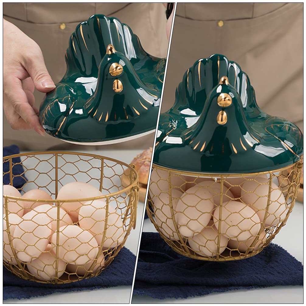Stainless Steel Wire Egg Basket with Ceramic Chicken Lid - Farmhouse Egg Storage Organizer for Kitchen Counter, Pantry & Countryside Breakfast Display