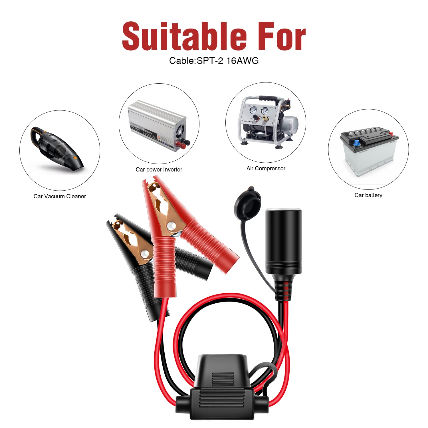Nilight 16 AWG 4.9FT Car Battery Extension Cable with Cigarette Lighter Adapter - 15A Fuse, Clip-On Plug & Socket - Perfect for Charging Devices, Powering Car Accessories & Emergency Jump Starts in Vehicles, Trucks & RVs