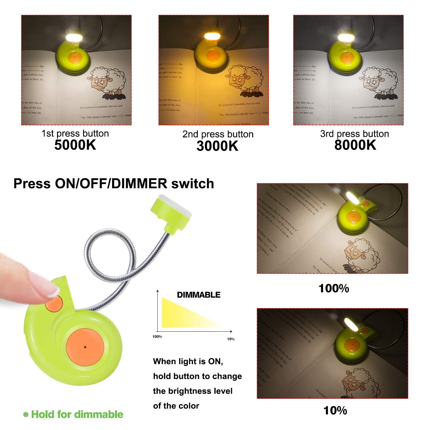Clip-on Book Light for Kids & Travel - 3 Dimmable Brightness Levels, Eye-Friendly Green LED Reading Light - Perfect for Bedtime Stories, Camping & Airplane Reading