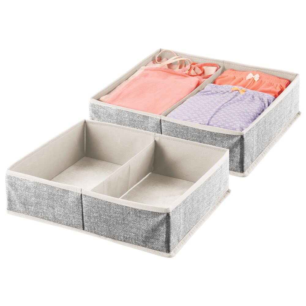 mDesign 2-Pack Soft Fabric Dresser Drawer & Closet Organizer Bins - Divided 2-Section Storage Trays for Lingerie, Bras, Socks, Leggings, Clothes - Textured Print Charcoal Gray - Perfect for Bedroom, Closet & Travel Organization