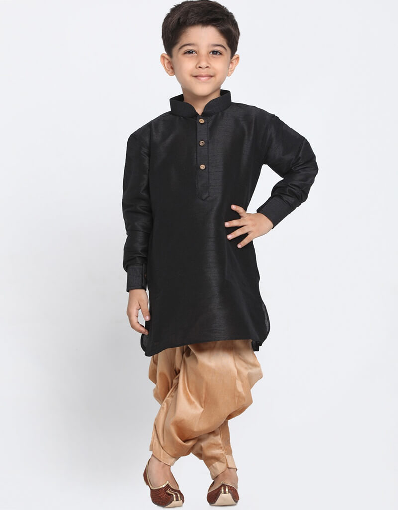 Premium Black Kurta Pajama Set - 100% Pure Dhupion Silk for Men - Traditional Indian Ethnic Wear for Weddings, Festivals & Special Occasions