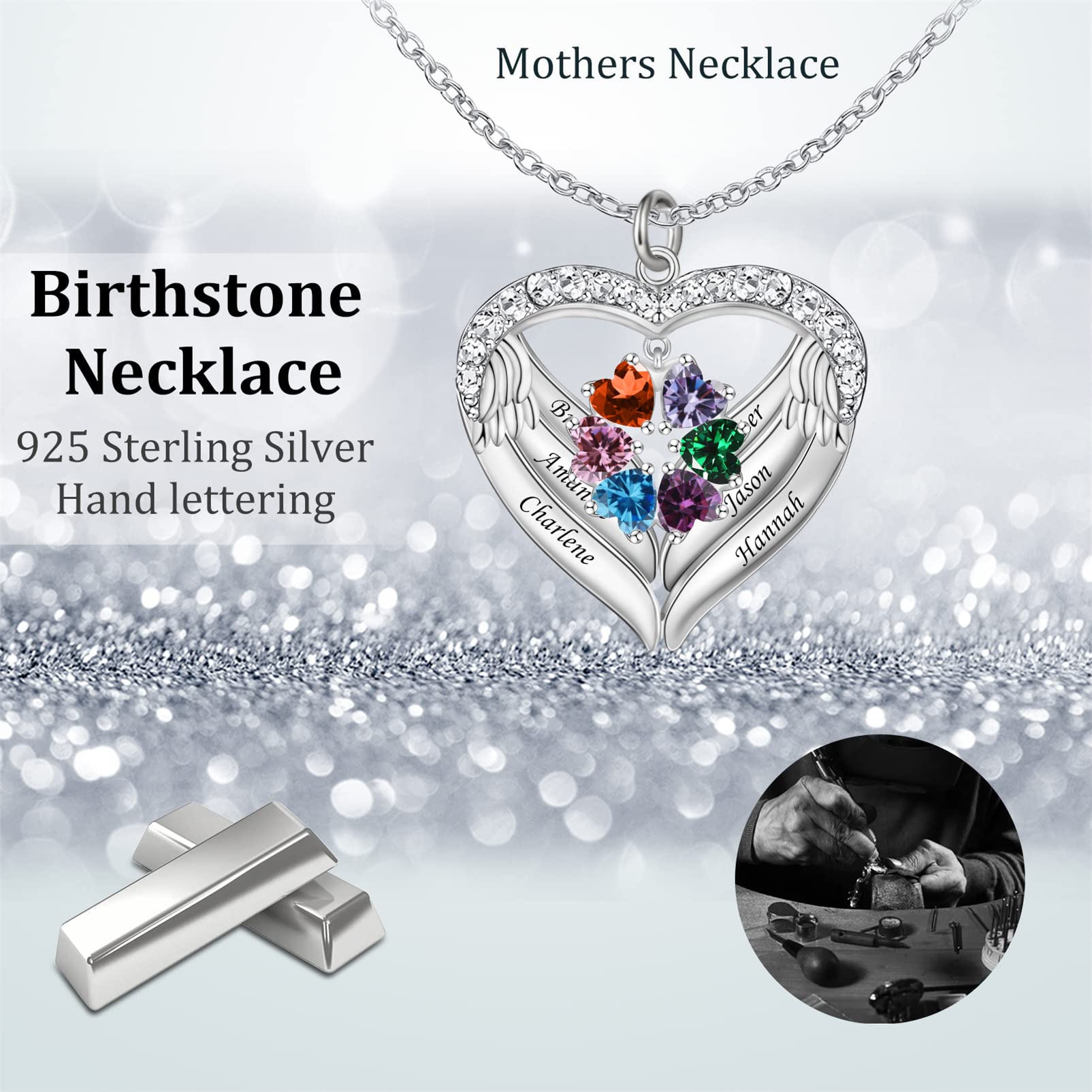 Custom Heart Pendant Necklace for Mom - Personalized Mothers Jewelry with 1-6 Names & Simulated Birthstones - Perfect Christmas Gift for Mother's Day, Birthday, Anniversary and Special Occasions