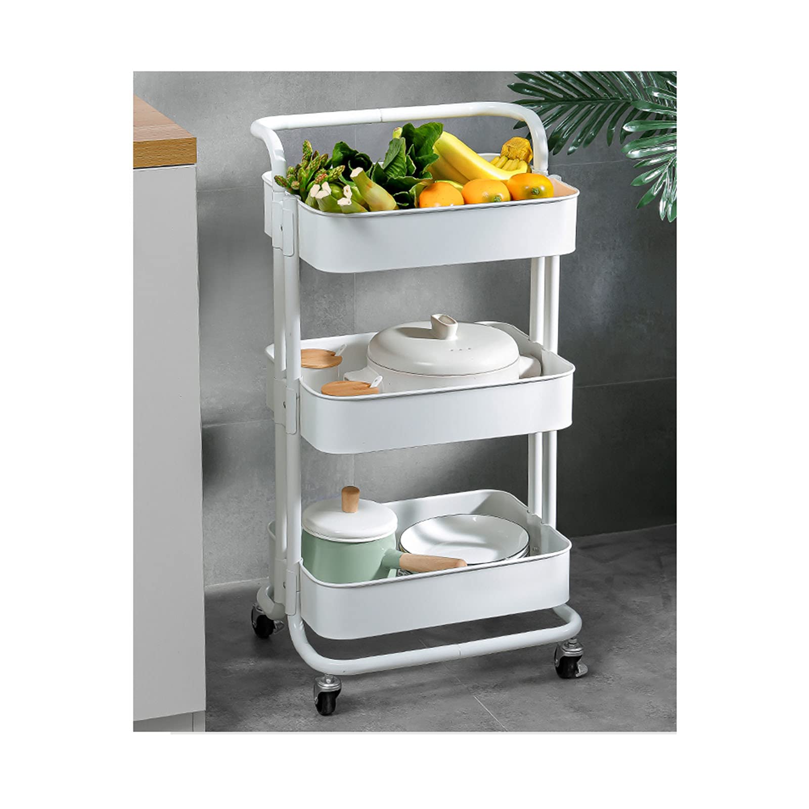 3-Layer Multifunctional Household Storage Cart with 360° Swivel Wheels - Foldable Metal Rolling Organizer for Home, Office, Bathroom, Kitchen & Laundry Room - Space Saving Storage Solution for Small Spaces (White)