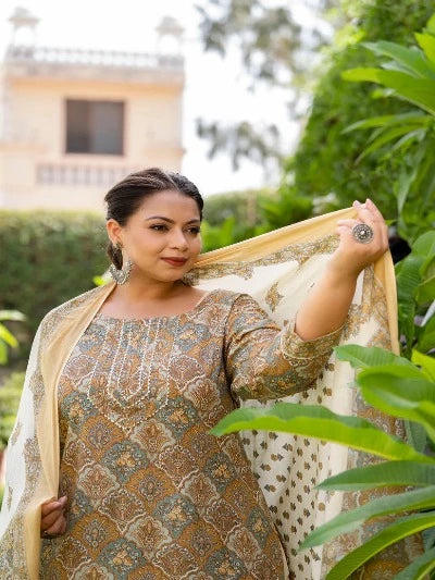 Plus Size Light Brown Cotton Printed Ready-Made Salwar Suit for Women | Comfortable Ethnic Wear for Festivals & Special Occasions