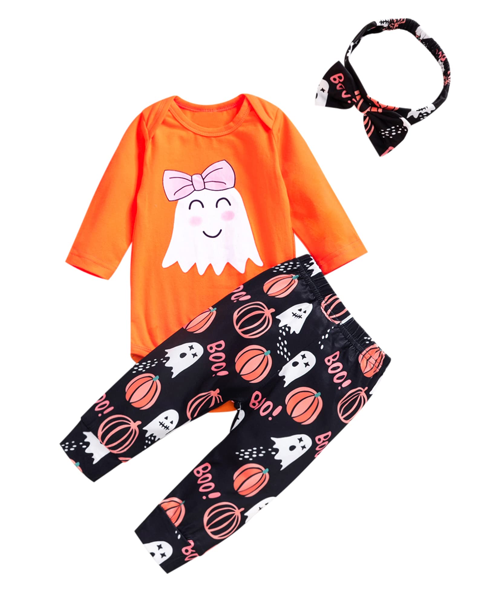 Halloween Baby Outfits for Toddler Girls & Boys - 3Pcs Ghost Romper Set with Pants & Headband | Cute Halloween Costume for Infants & Kids | Perfect for Trick-or-Treating, Halloween Parties & Photo Shoots