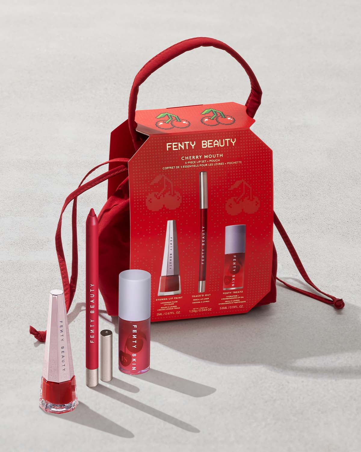 Cherry Mouth 3 Piece Lip Set with Pouch - Moisturizing Lip Balm, Lip Gloss & Lip Scrub Kit - Perfect for Daily Care, Gifts & Travel