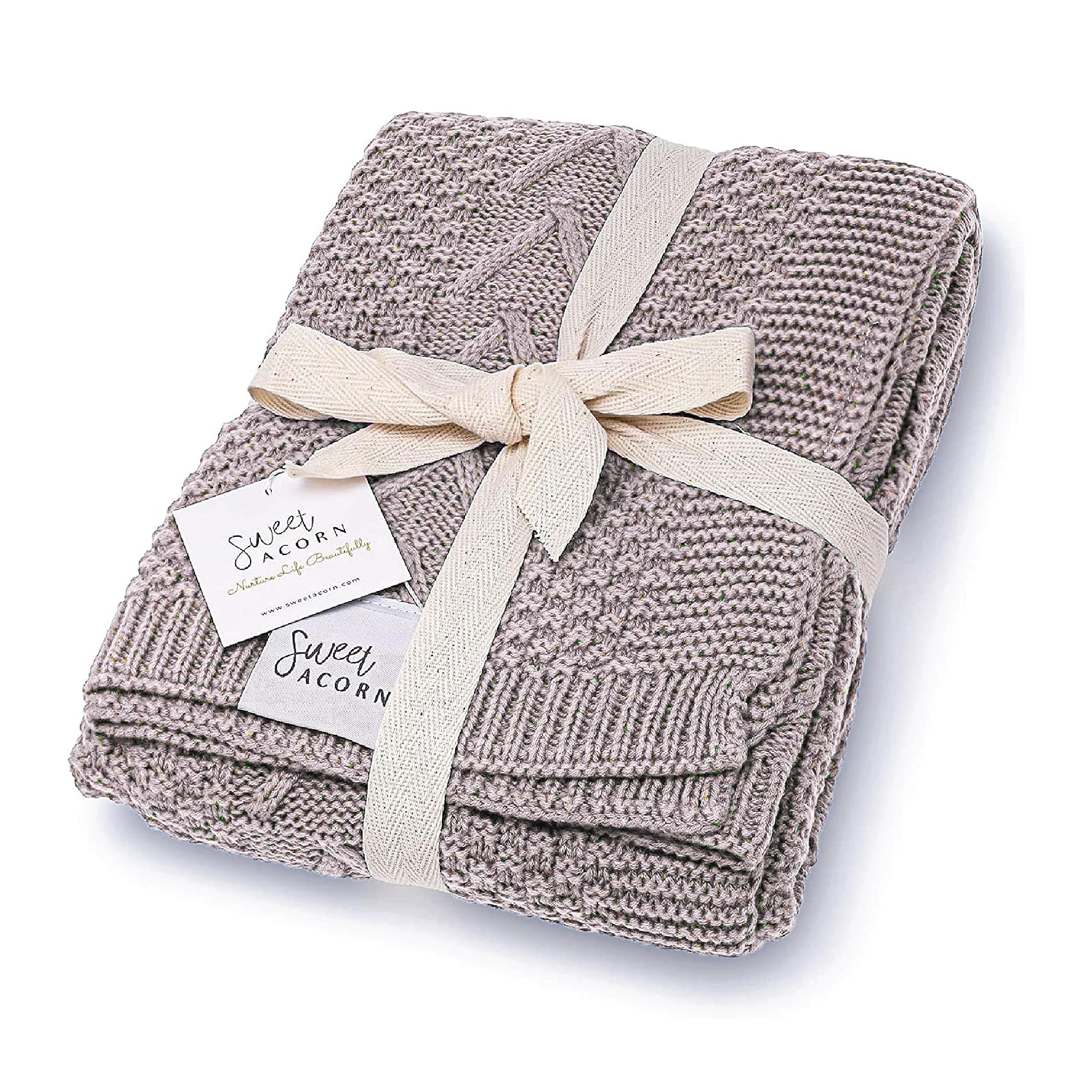 Organic Cotton Sweet Acorn Cable Knit Baby Blanket - Soft Crib & Stroller Blanket for Newborns - Receiving Blanket in Fog Grey - Perfect for Nursery, Swaddling & On-the-Go Comfort