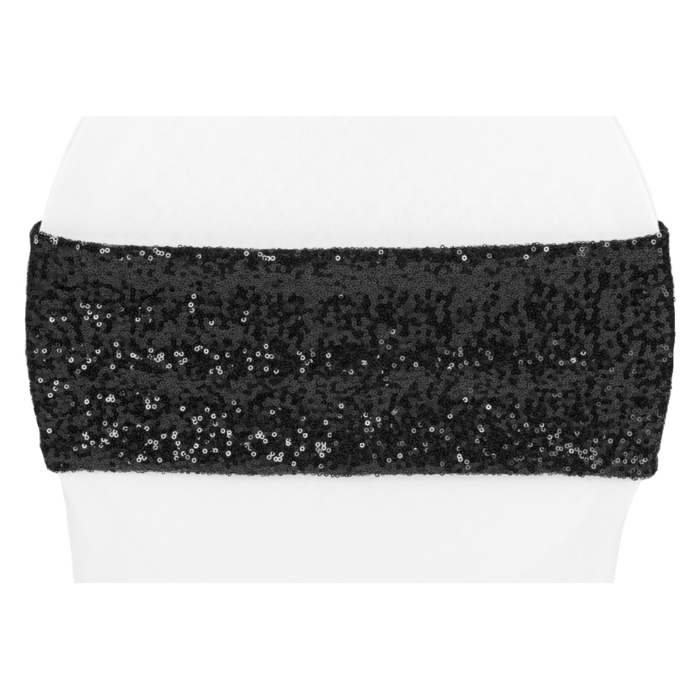 Glitz Sequin Spandex Chair Band - Stretchable Elastic Chair Cover for Dining, Wedding, Party Decor - Black