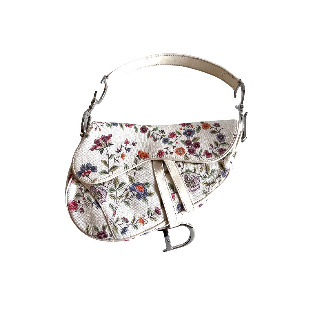 Dior Limited Edition White Floral Canvas Saddle Bag – Luxury Designer Handbag for Women, Perfect for Parties, Weddings & Everyday Elegance