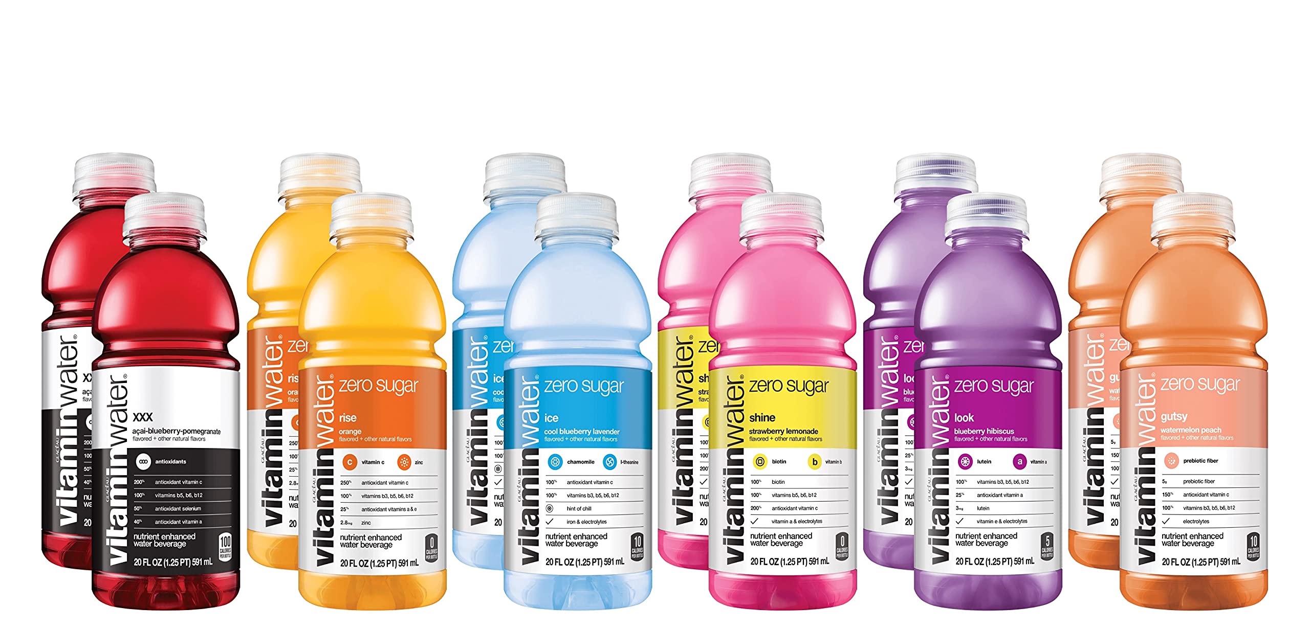 Vitamin Water ZERO Sugar Variety Pack - 12 Pack, 20 fl Oz Bottles | Electrolyte-Enhanced Flavored Water with Essential Vitamins (Rise, Shine, Ice, Look, Gutsy, XXX) | Perfect for Hydration, Workouts, Office & On-the-Go Lifestyle
