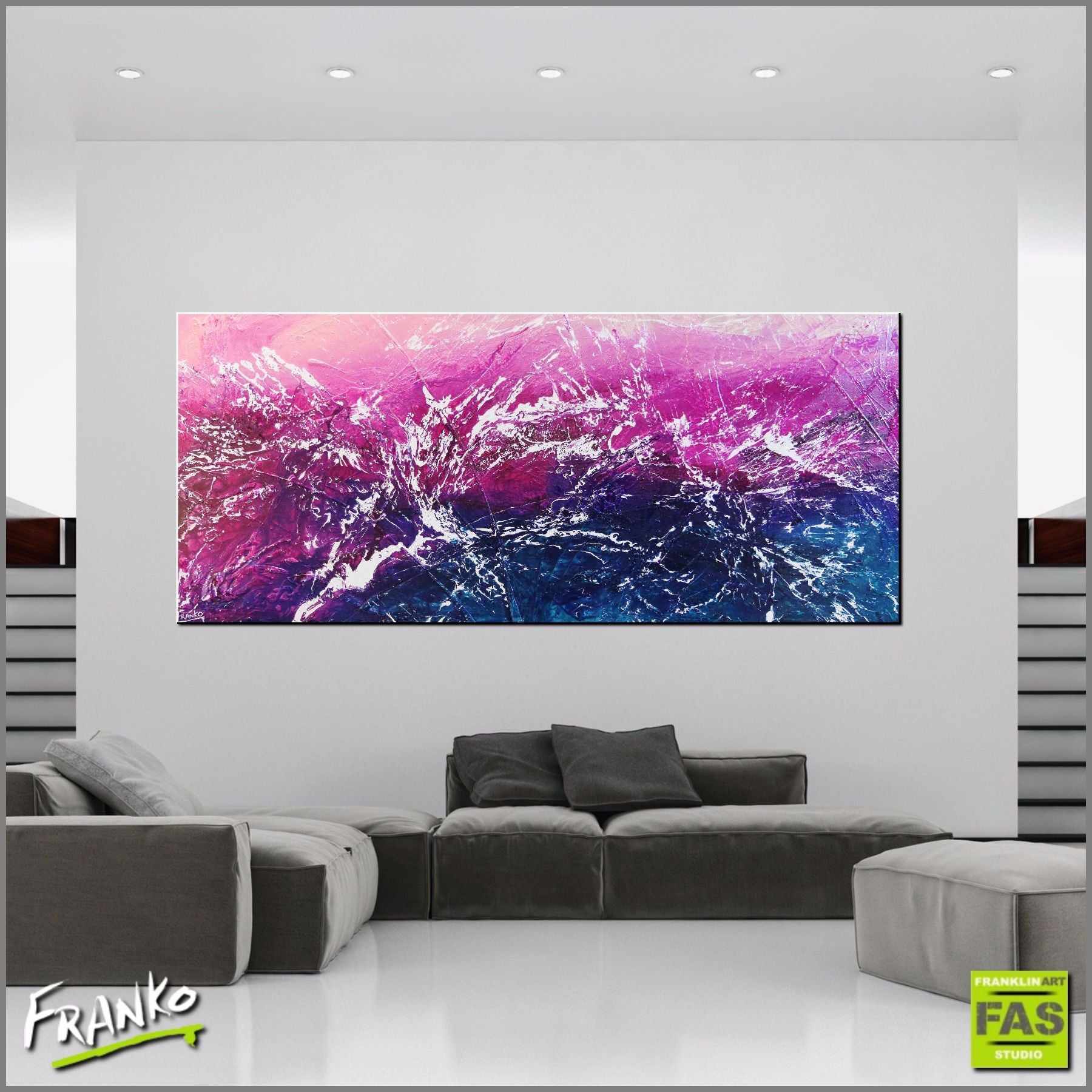 240cm x 100cm Pink Blue White Abstract Canvas Painting - Modern Wall Art for Living Room, Bedroom & Office Decor | Infused White Paradise Collection