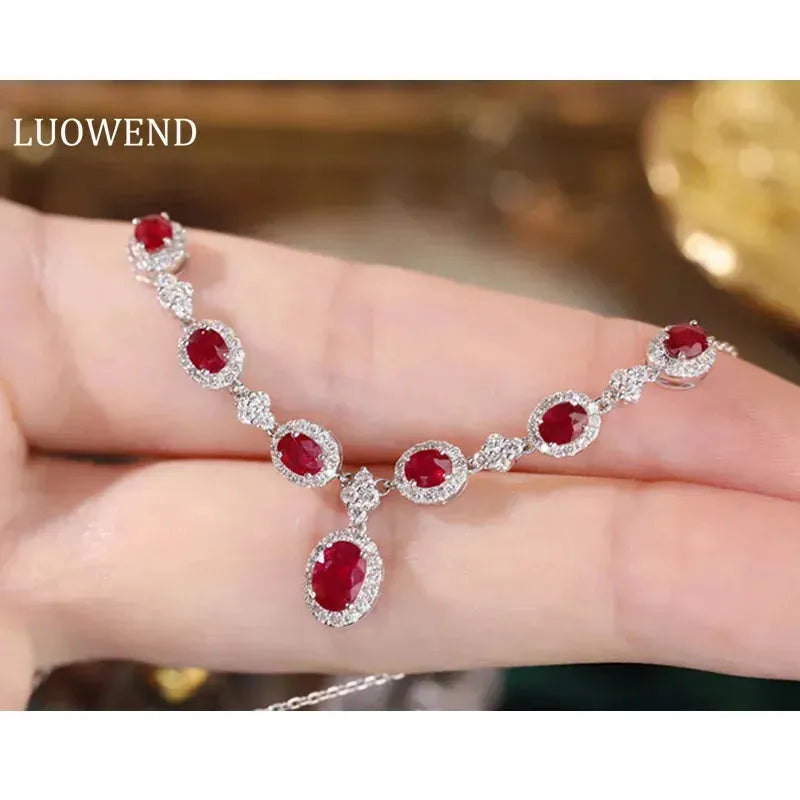 18K White Gold Ruby and Diamond Necklace for Women | Luxury Natural Gemstone Jewelry | Perfect for Senior Banquets, Weddings & Special Occasions