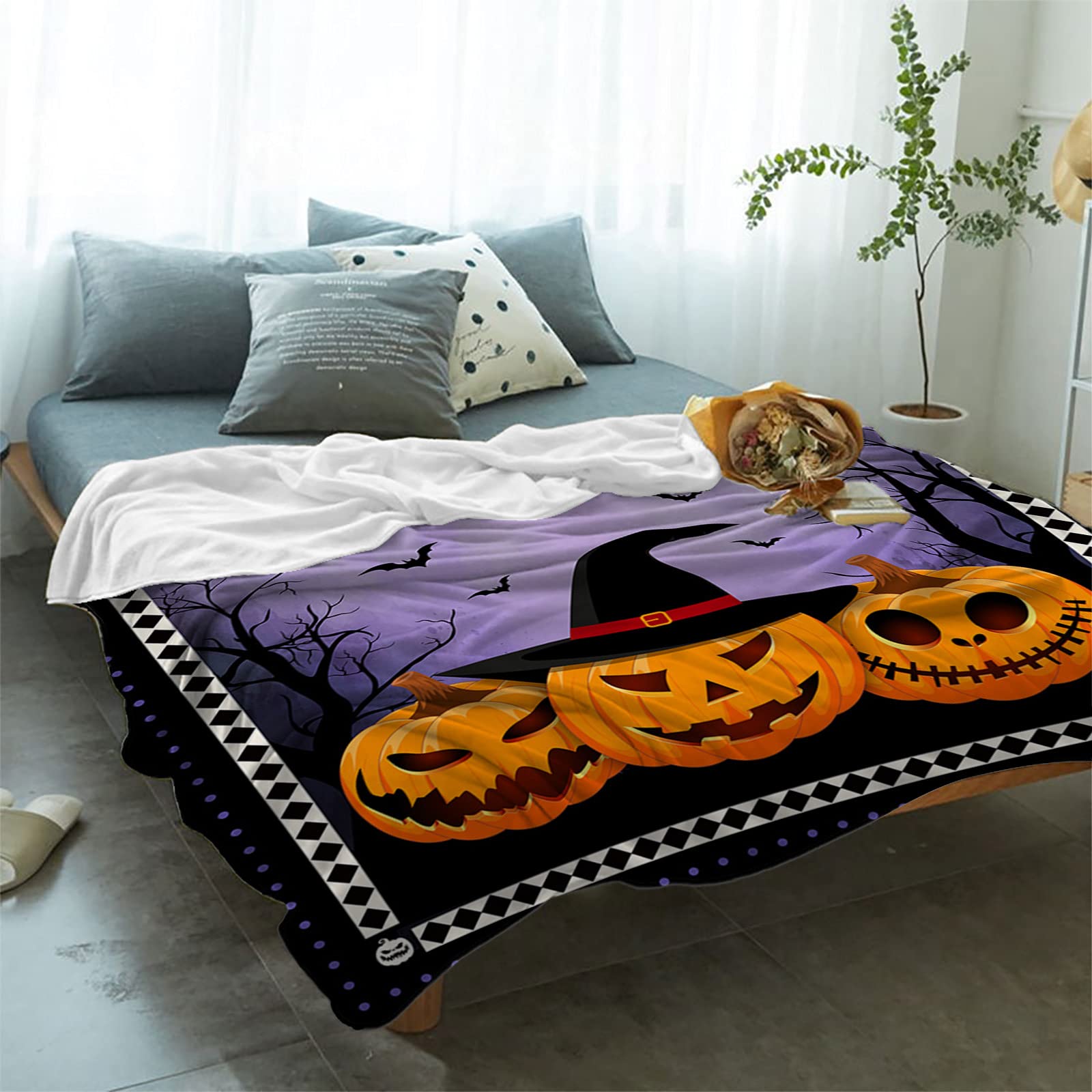 Halloween Pumpkin Blanket - Super Soft Flannel Fleece Throw Blanket with Bats & Diamond Purple Plaid Border - Lightweight Cozy Warm Fuzzy Plush Microfiber Blanket for Couch, Bed, Sofa (50x60 inches) - Perfect for Fall Decor, Movie Nights & Seasonal Home Comfort