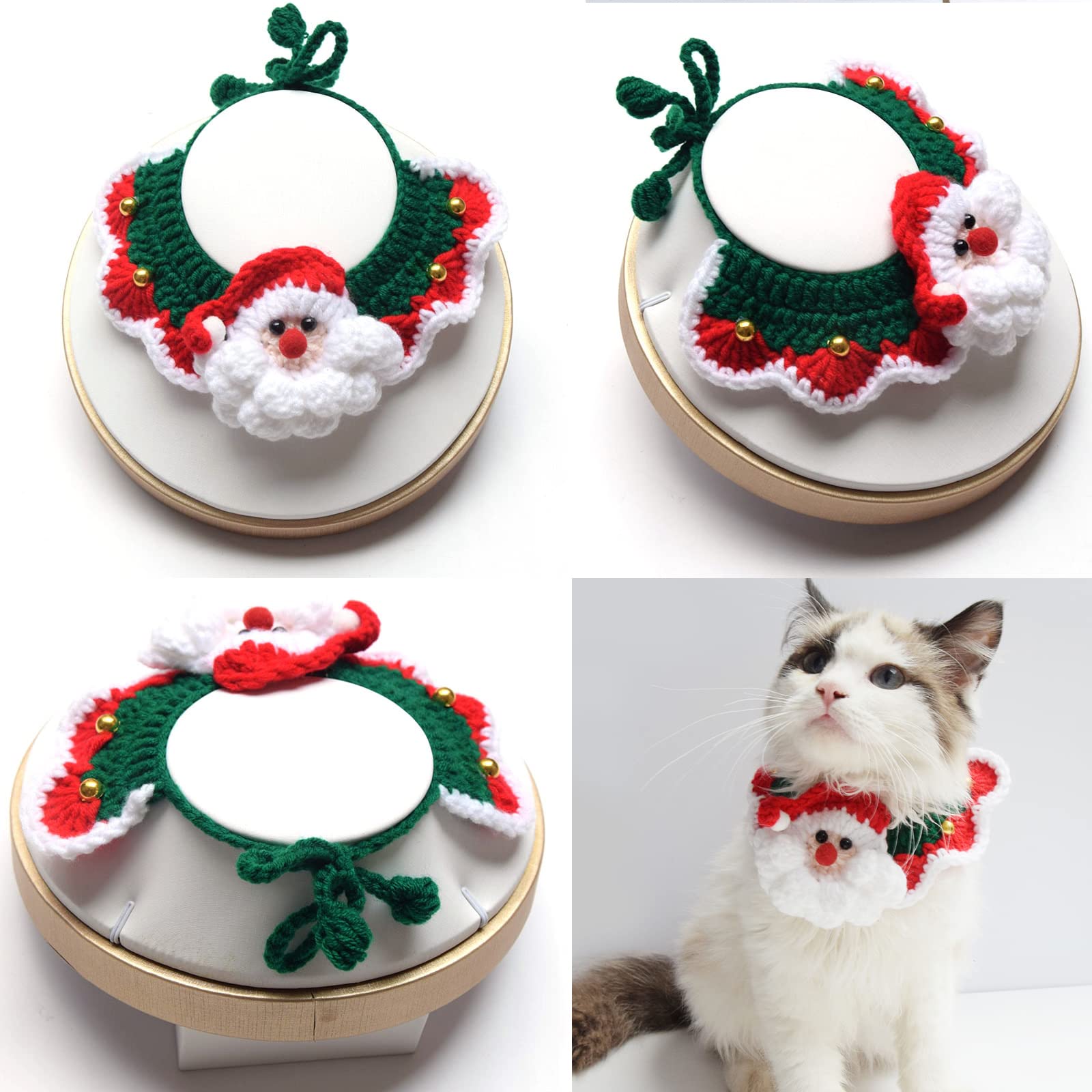 Handmade Knit Cat and Dog Collar - Cute Wool Pet Bib Accessory for Christmas Gifts (Santa Claus Design, Size M 25-30cm) - Perfect for Holiday Pet Photos & Cat Lover Presents