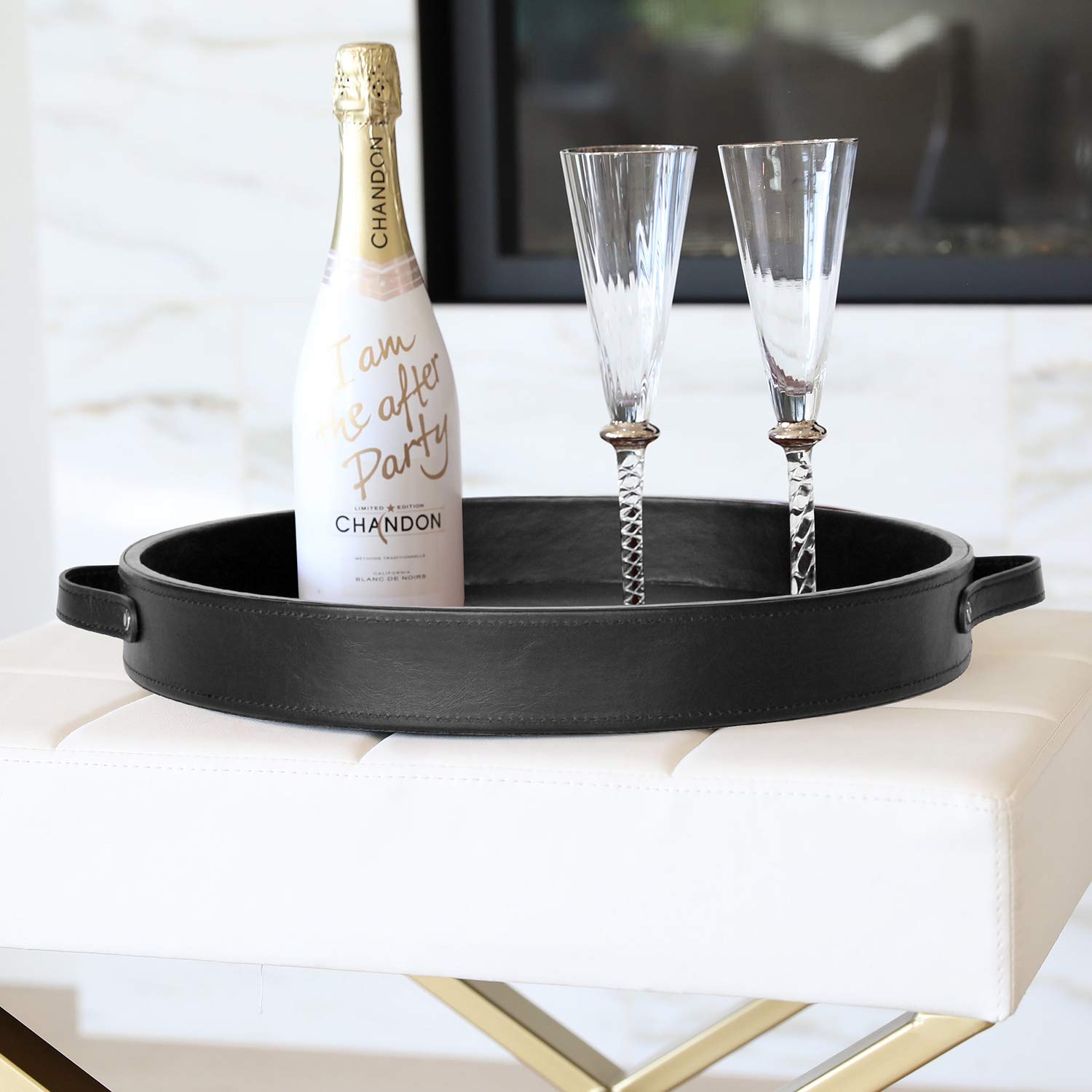 HofferRuffer 14.6-inch Round PU Leather Serving Tray with Handles - Decorative Vanity Catchall Tray, Coffee Table Tray for Home & Office (Black) | Perfect for Serving Drinks, Organizing Jewelry, or Displaying Decor