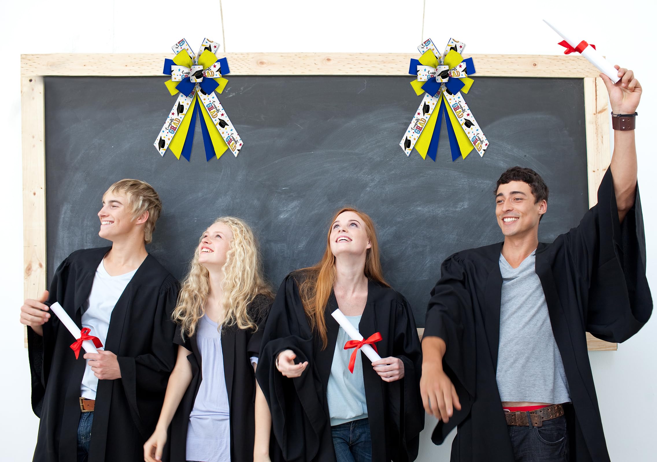 ALIBBON Graduation Wreath Bows - Blue Yellow Burlap Decor for Doors & Parties