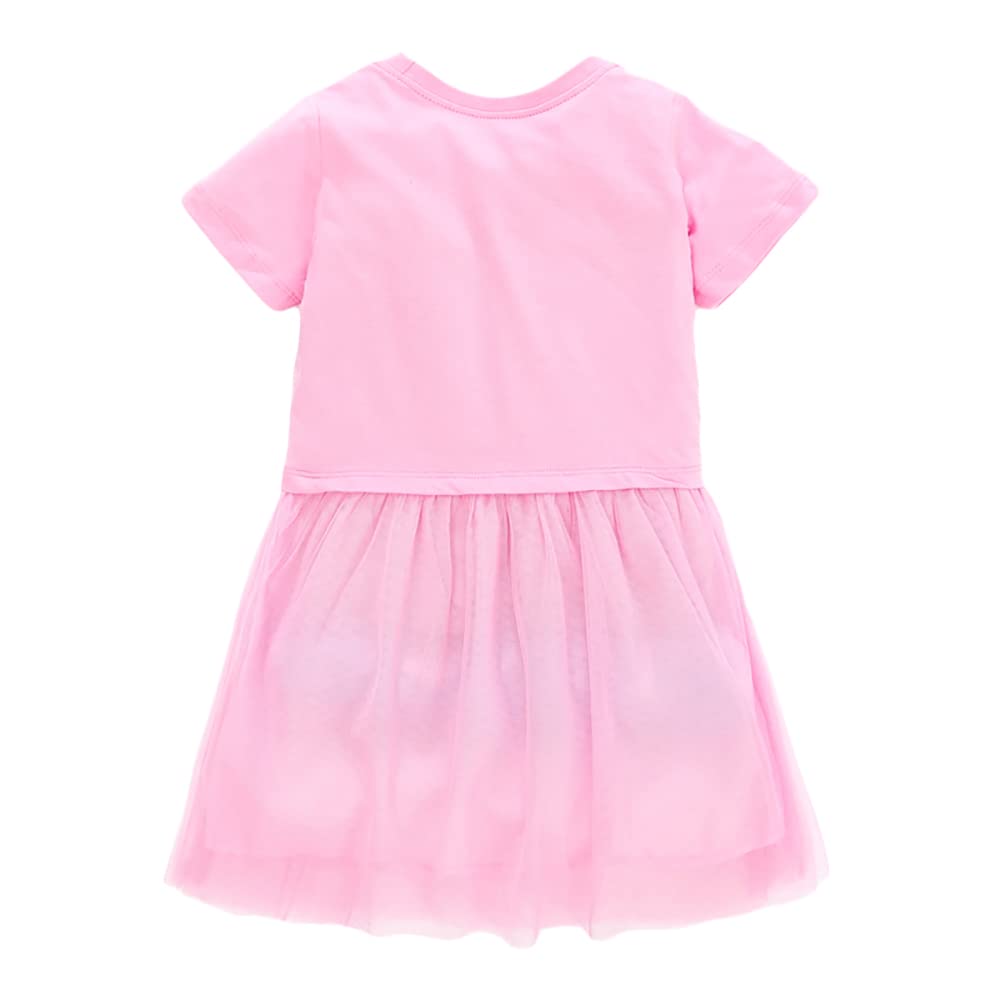 **Pink Cartoon Print Tulle Summer Dress for Girls - Short Sleeve Round Neck Toddler Party Tutu Dress - Perfect for Birthday, Photo Shoots & Special Occasions**