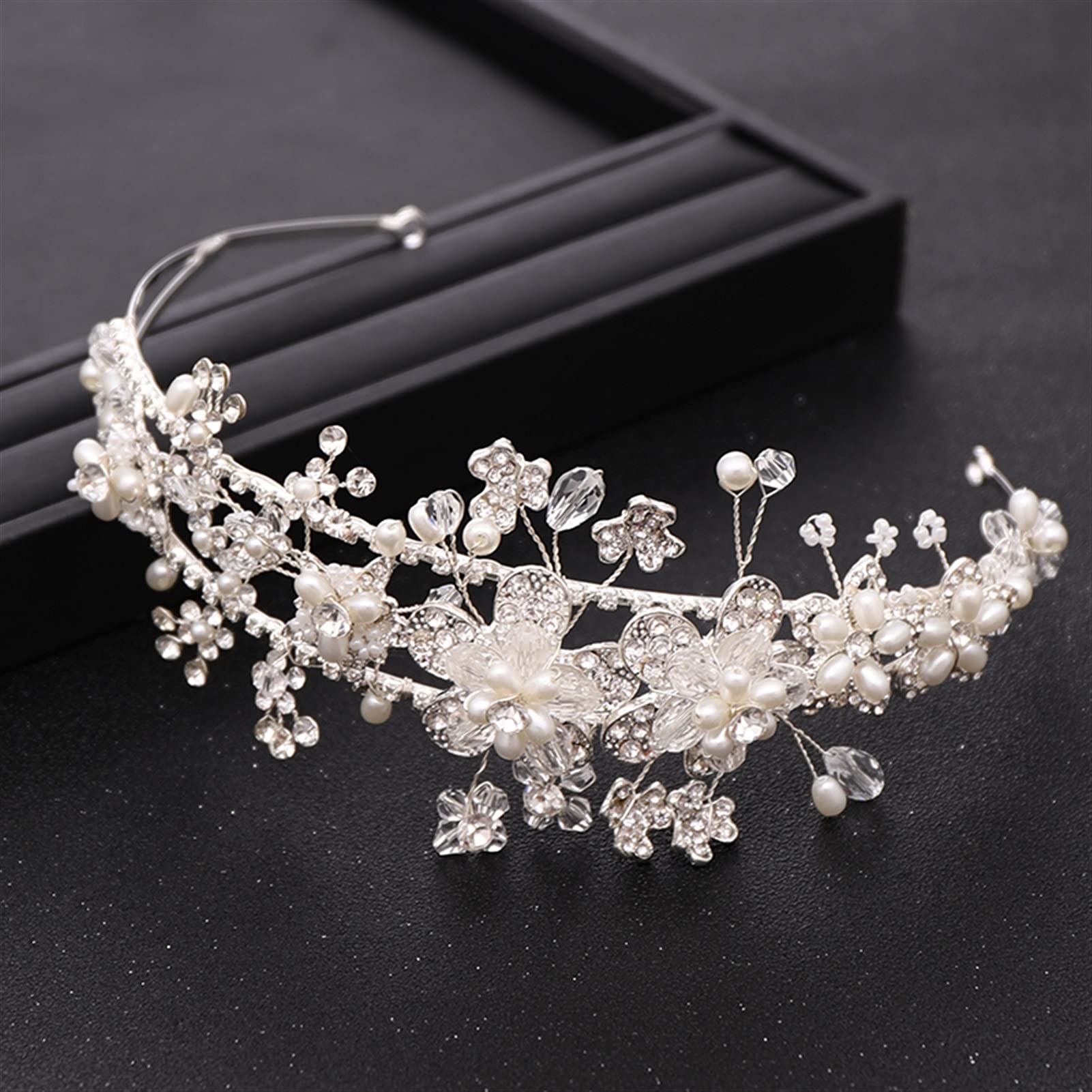 Elegant Silver Flower Wedding Tiara with Rhinestones & Pearls – Bride Hair Accessories for Princess Headband & Headdress – Perfect for Weddings, Prom, and Special Occasions