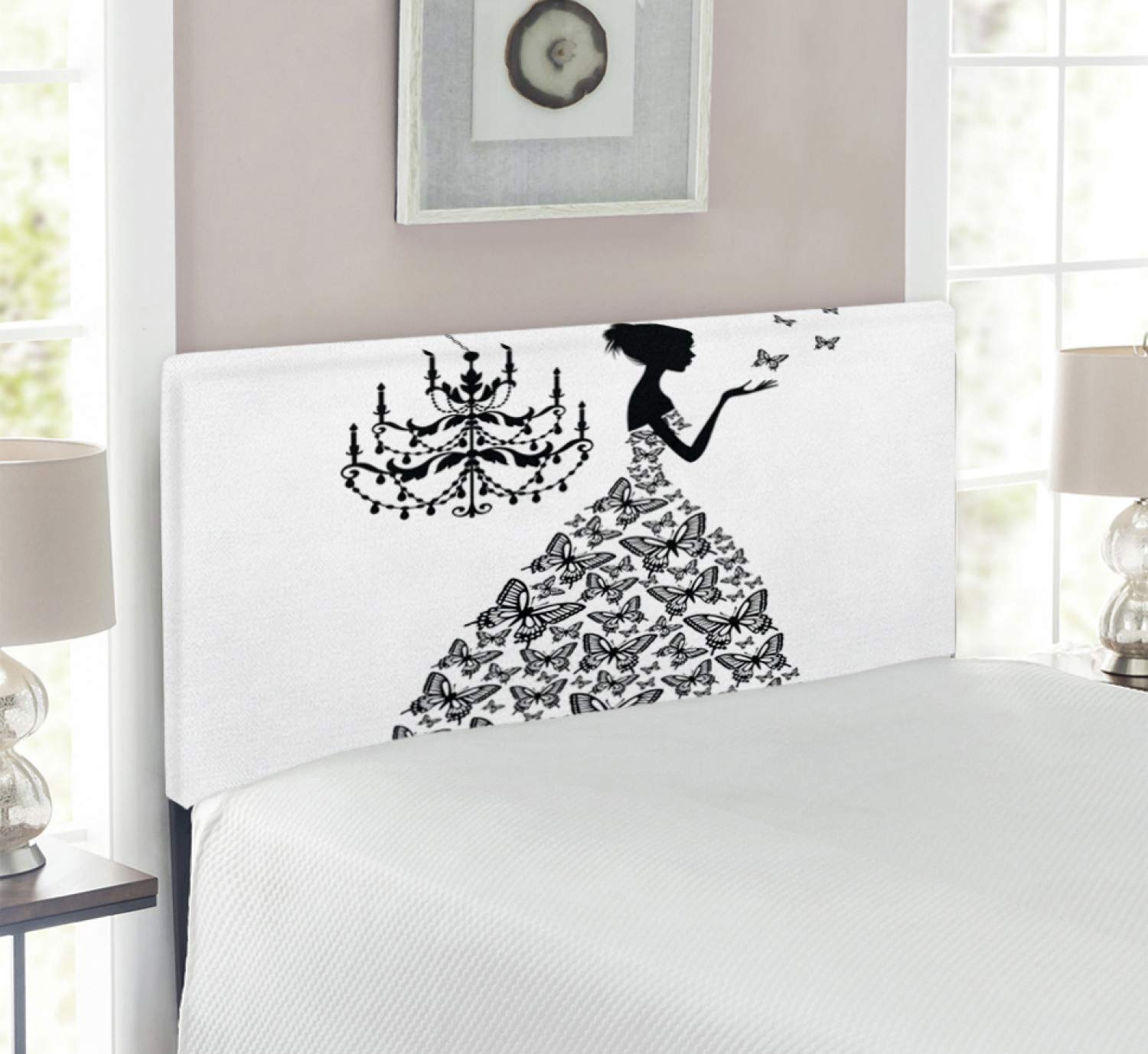 Ambesonne Vintage Upholstered Headboard - Romantic Butterflies & Parisienne Retro Design, Twin Size Charcoal Grey White, Memory Foam Padding - Perfect for Country Weddings, Bedroom Decor & Guest Room Styling