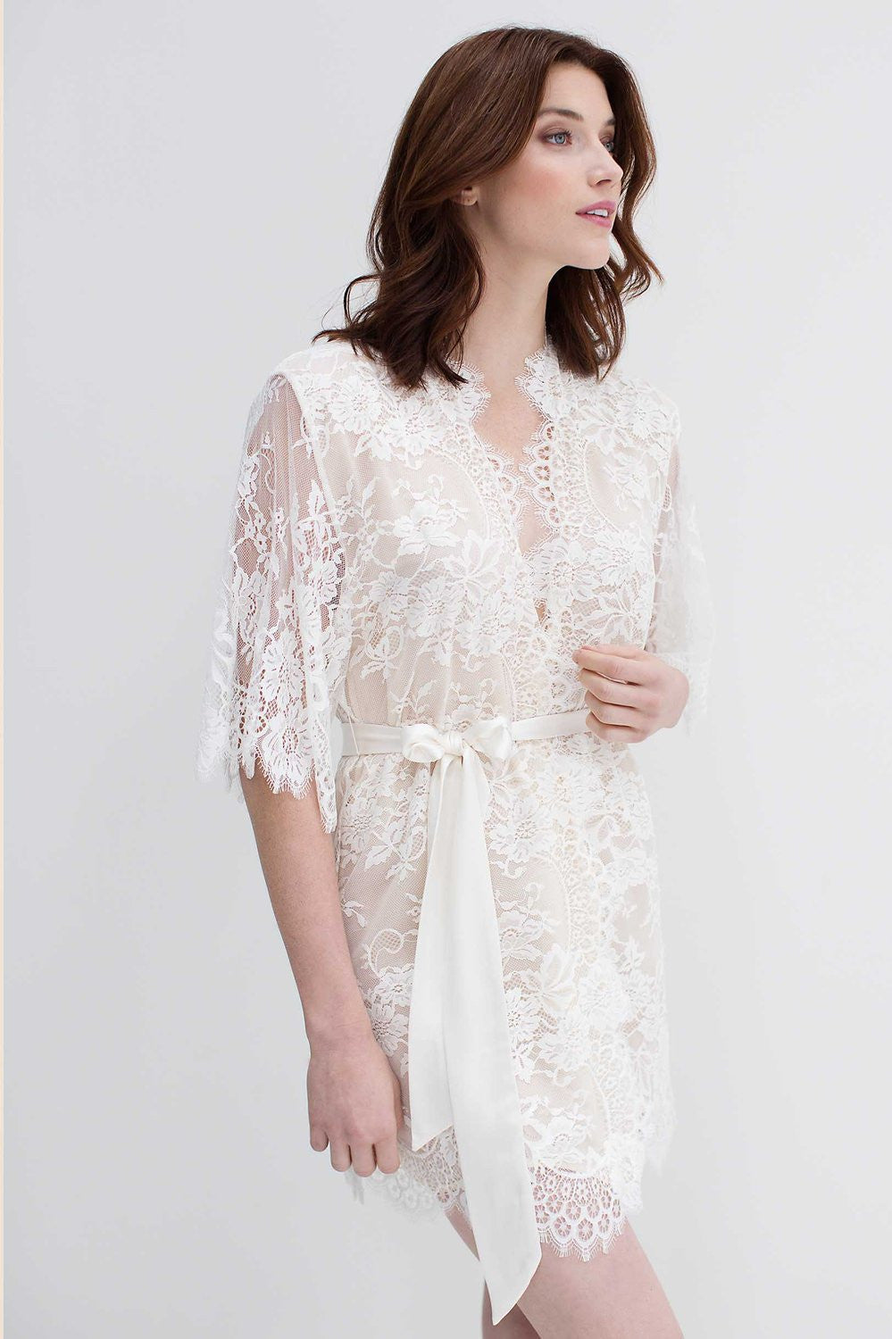 Elegant Swan Queen Lace Robe Kimono in Ivory with Silk Lining - Style 104SH | Perfect for Bridal Shower, Wedding Party & Luxury Loungewear