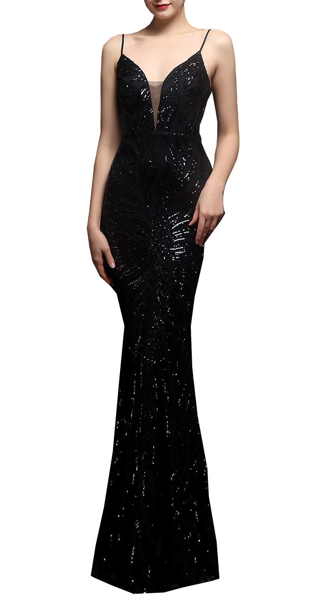Sparkling Aura-Fashion Women's Deep V-Neck Sequin Mermaid Evening Gown for Prom, Party & Special Occasions | Elegant Sleeveless Formal Dress with Shimmering Sequins