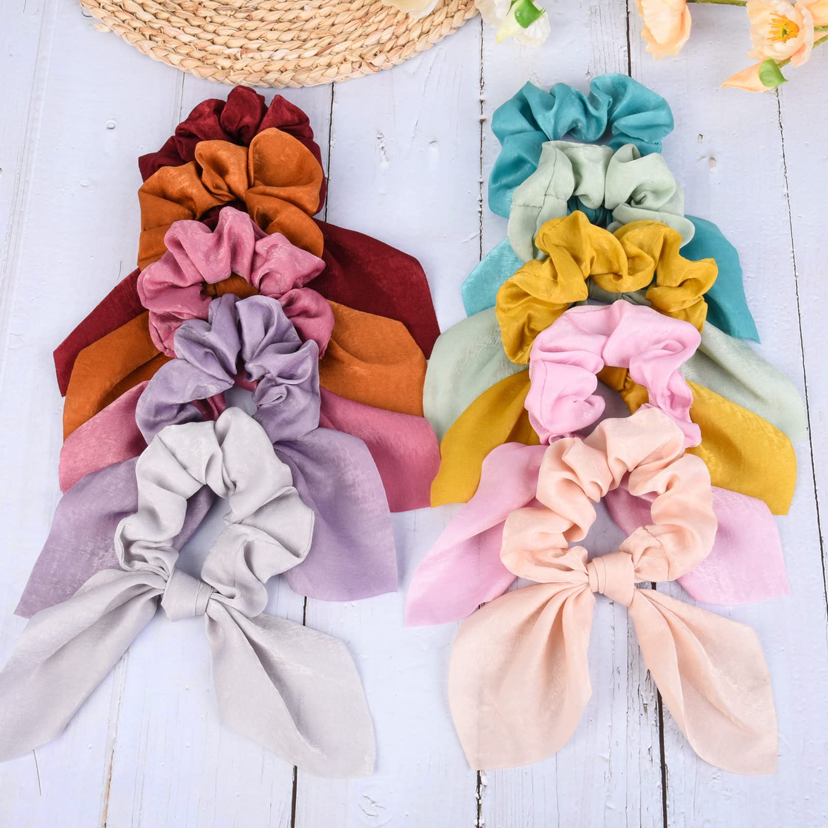 14 PCS Silk Bunny Ears Hair Scrunchies for Women - Hair Ties & Ponytail Holders for Daily Use