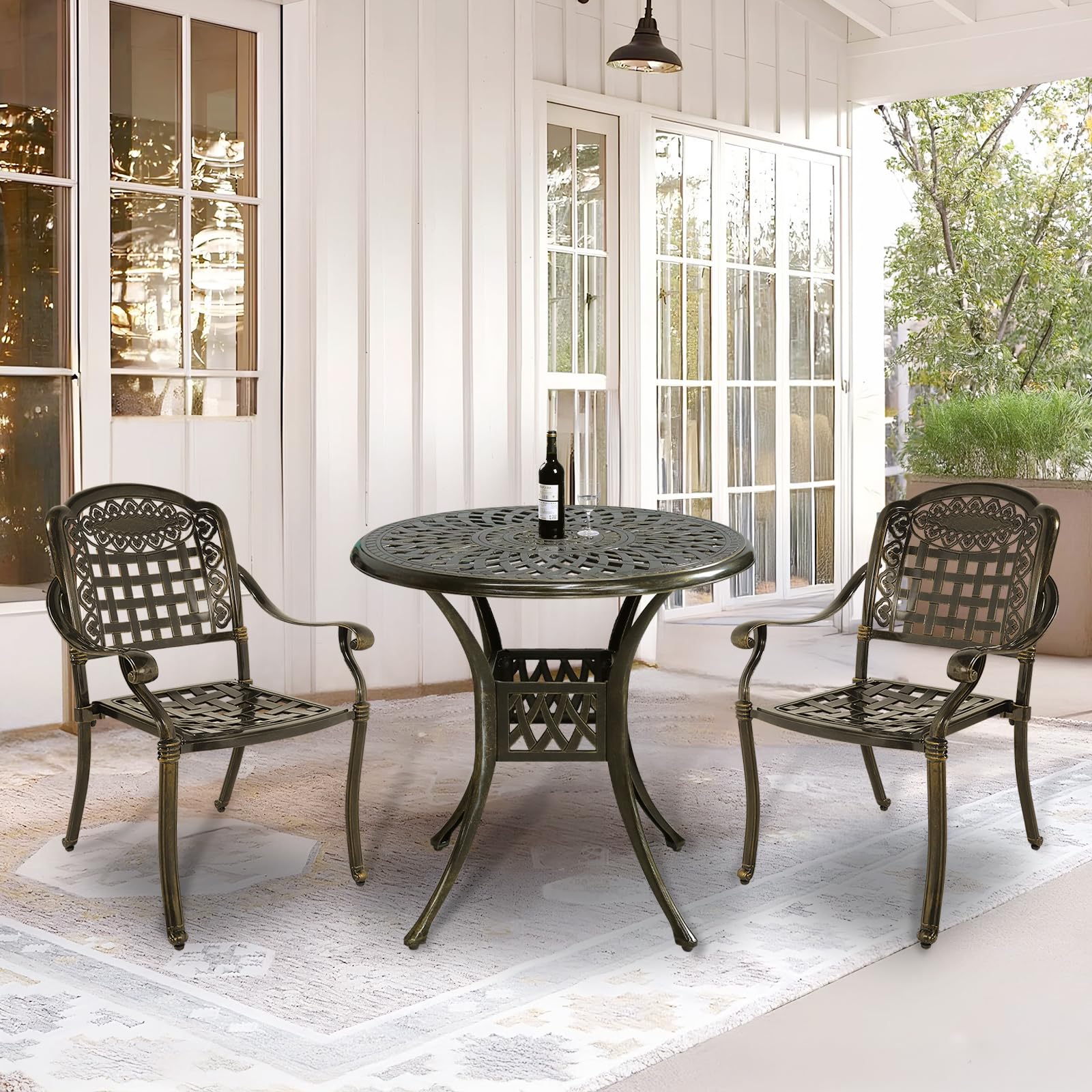 VIVIJASON 3-Piece Outdoor Patio Bistro Set - All-Weather Cast Aluminum Dining Table & 2 Chairs with 31