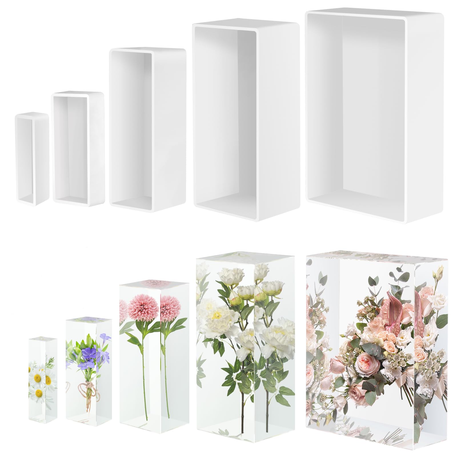 5-Piece Large Rectangle Silicone Resin Molds for Epoxy Casting - Deep Cuboid Molds with Wooden Support for Preserving Flowers, Insect Specimens, DIY Crafts, and Home Decor | Perfect for Resin Art, Jewelry Making, and Unique Gift Creation