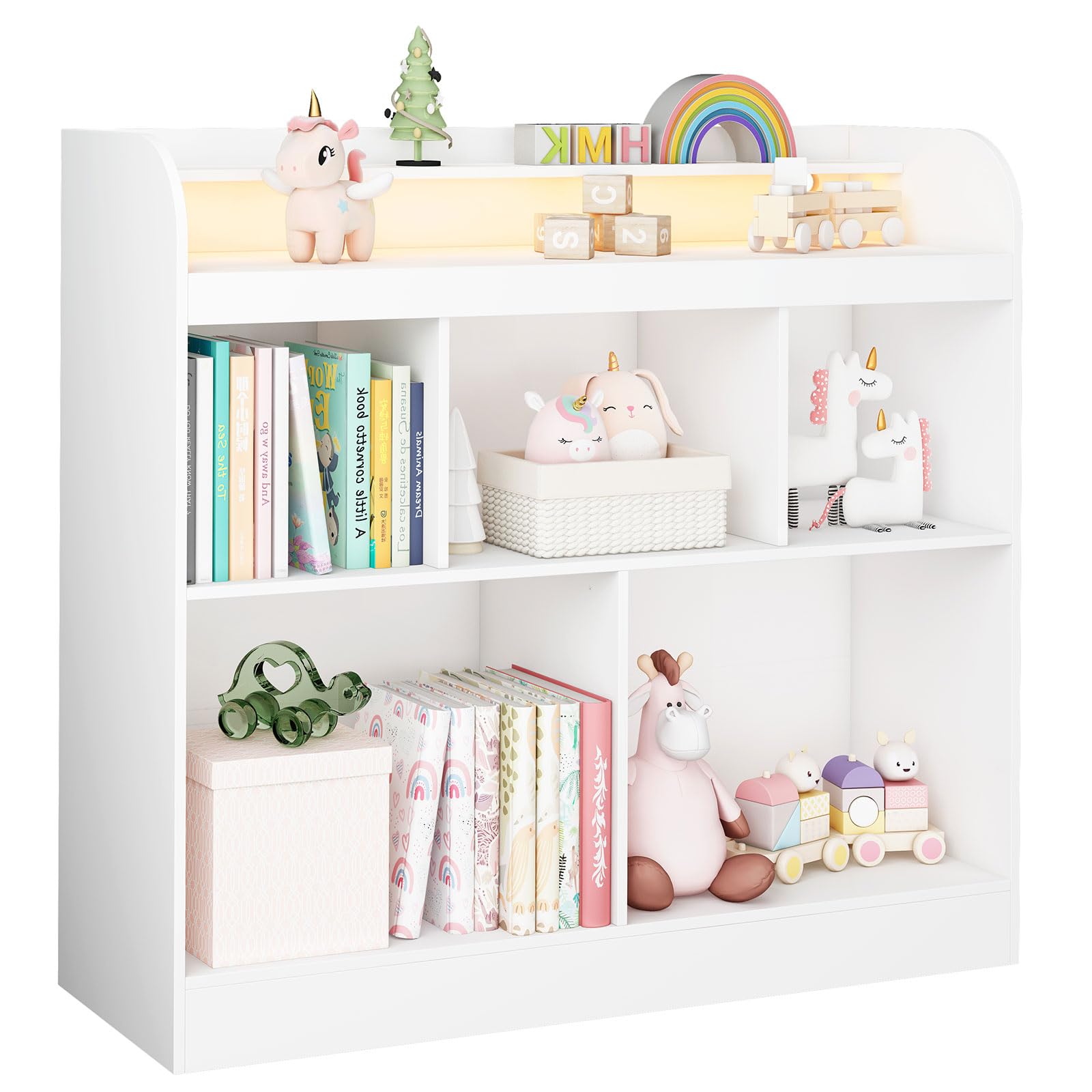 Lkeiyay White Kids Bookshelf with LED Lights - Toy Storage Cubby & Bookcase for Children's Bedroom, Nursery, Playroom - Perfect for Organizing Books, Toys and Decor in Kids Rooms