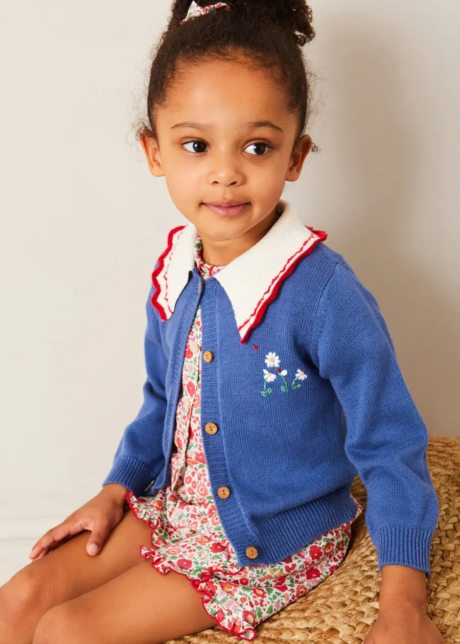 Navy Floral Embroidery Statement Collar Cardigan for Girls (2-10 Years) - Perfect for School, Parties & Special Occasions