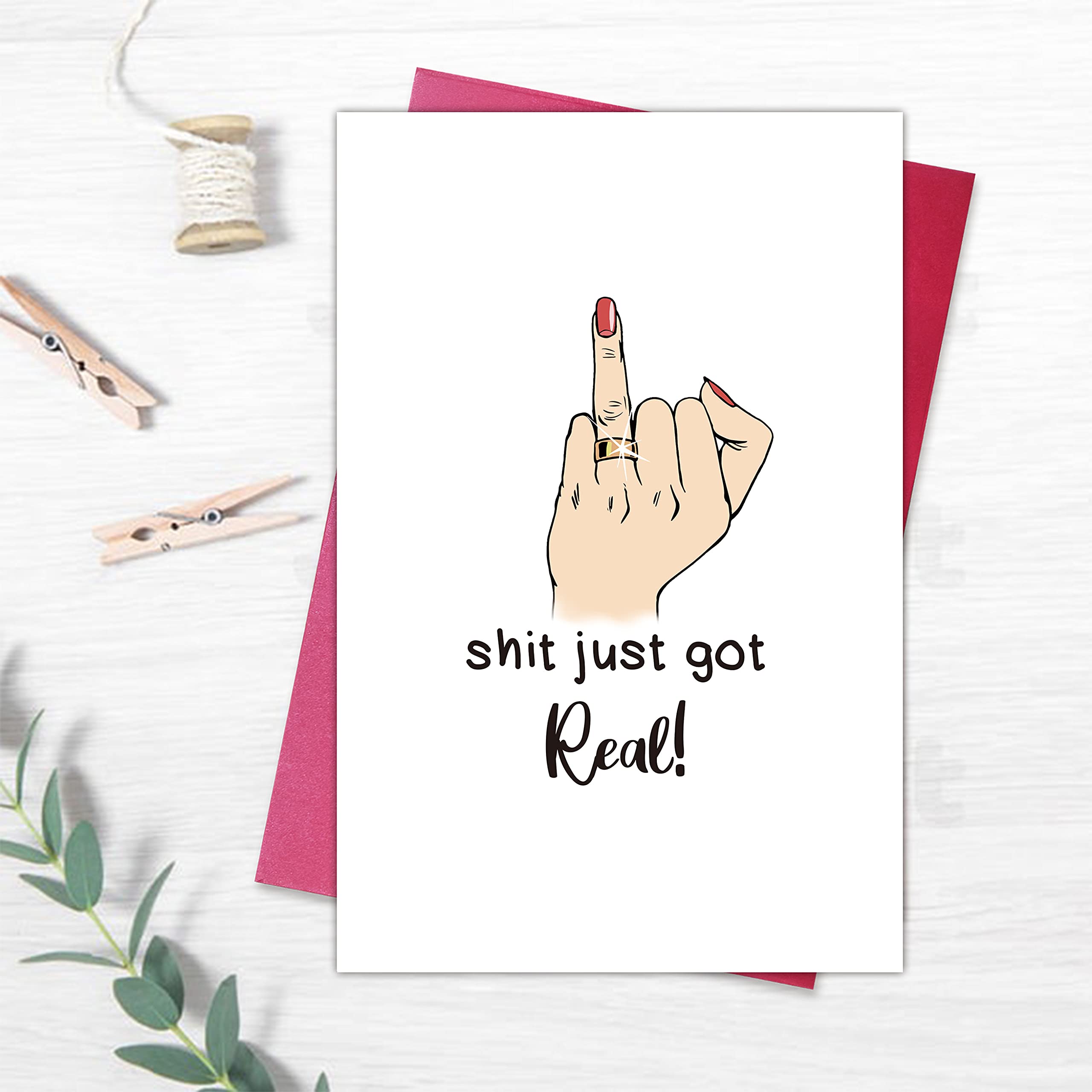 Funny Wedding Card for Couples - Naughty Engagement Card for Newlyweds - 'Shit It Just Got Real' Humorous Wedding Ring Finger Card - Perfect for Bachelorette Parties, Wedding Showers & Anniversary Gifts