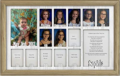 Northland Customizable School Years Photo Frame - Holds 13 (2.5x3.5) & 2 (5x7) Pictures - Unfinished Wood Frame with White Insert - Perfect for Preschool to Graduation Memories - Personalize with Any Name - 12x20 Inches - Great for Classrooms, Nurseries & Home Décor