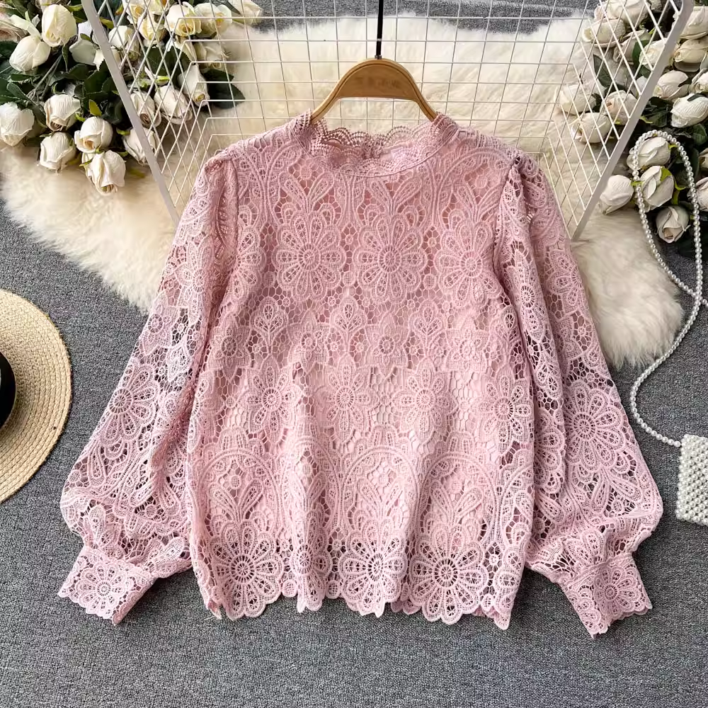 Lace Mesh Hollow Out Long Sleeve Blouse for Women - Spring & Autumn Fashion Top 1065 | Perfect for Office Wear, Date Nights & Casual Outfits