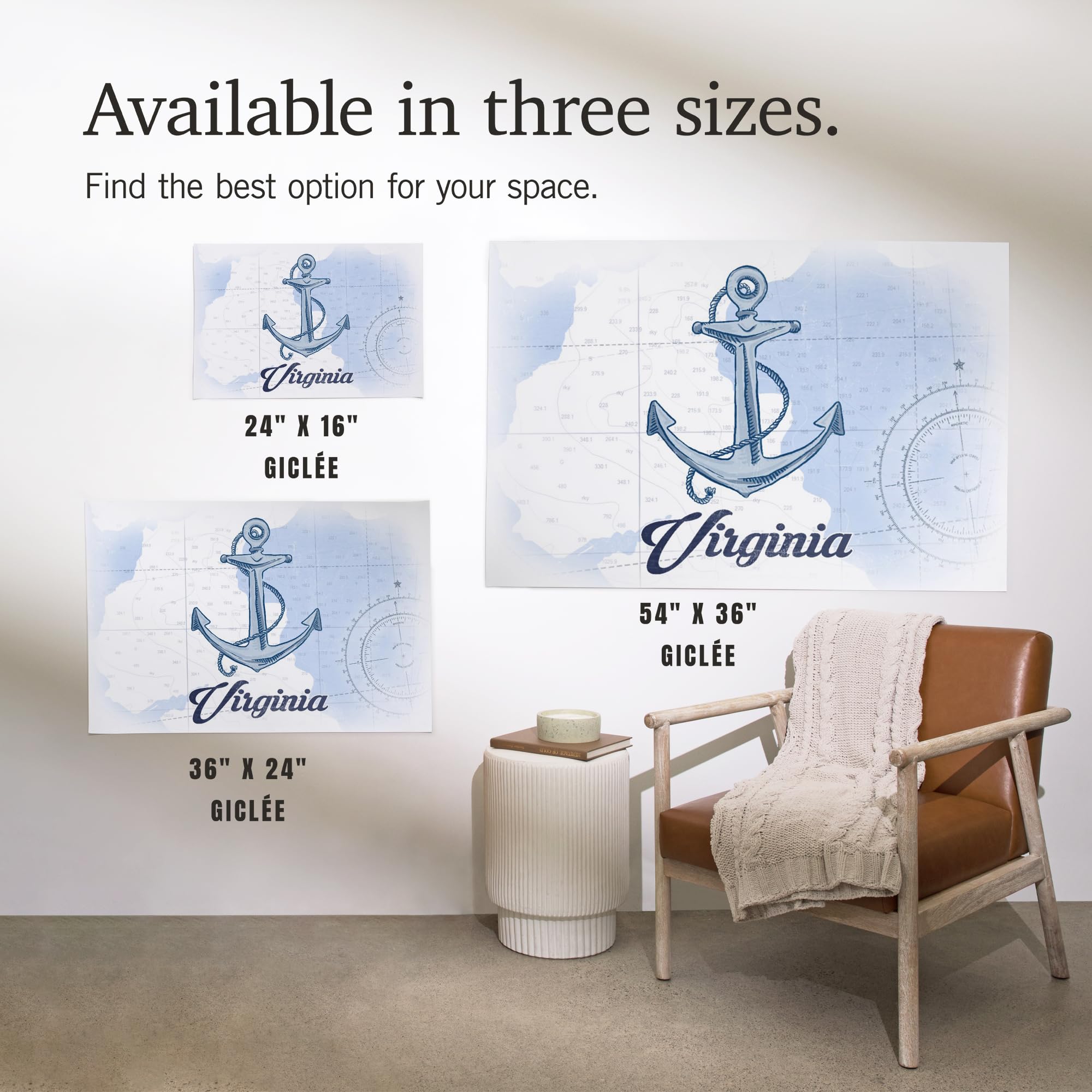 Lantern Press 16x24 Inch Giclee Art Print - Virginia Coastal Anchor in Blue | Wall Decor for Beach House, Nautical Bedroom & Coastal Living Room