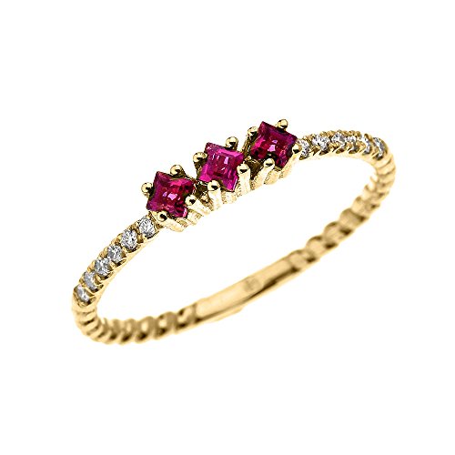 10K Yellow Gold Three Stone Princess Cut Ruby and Diamond Dainty Rope Design Ring for Women - Elegant Jewelry Gift for Anniversary, Engagement, Valentine's Day & Special Occasions