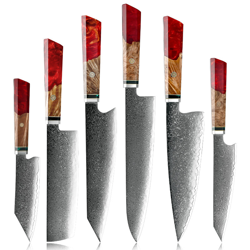 Premium 6-Piece Fury Knife Set - VG10 Damascus Steel Blades with Exotic Maple Burl Wood & Resin Handle - Perfect for Professional Chefs, Home Cooking & Outdoor Adventures