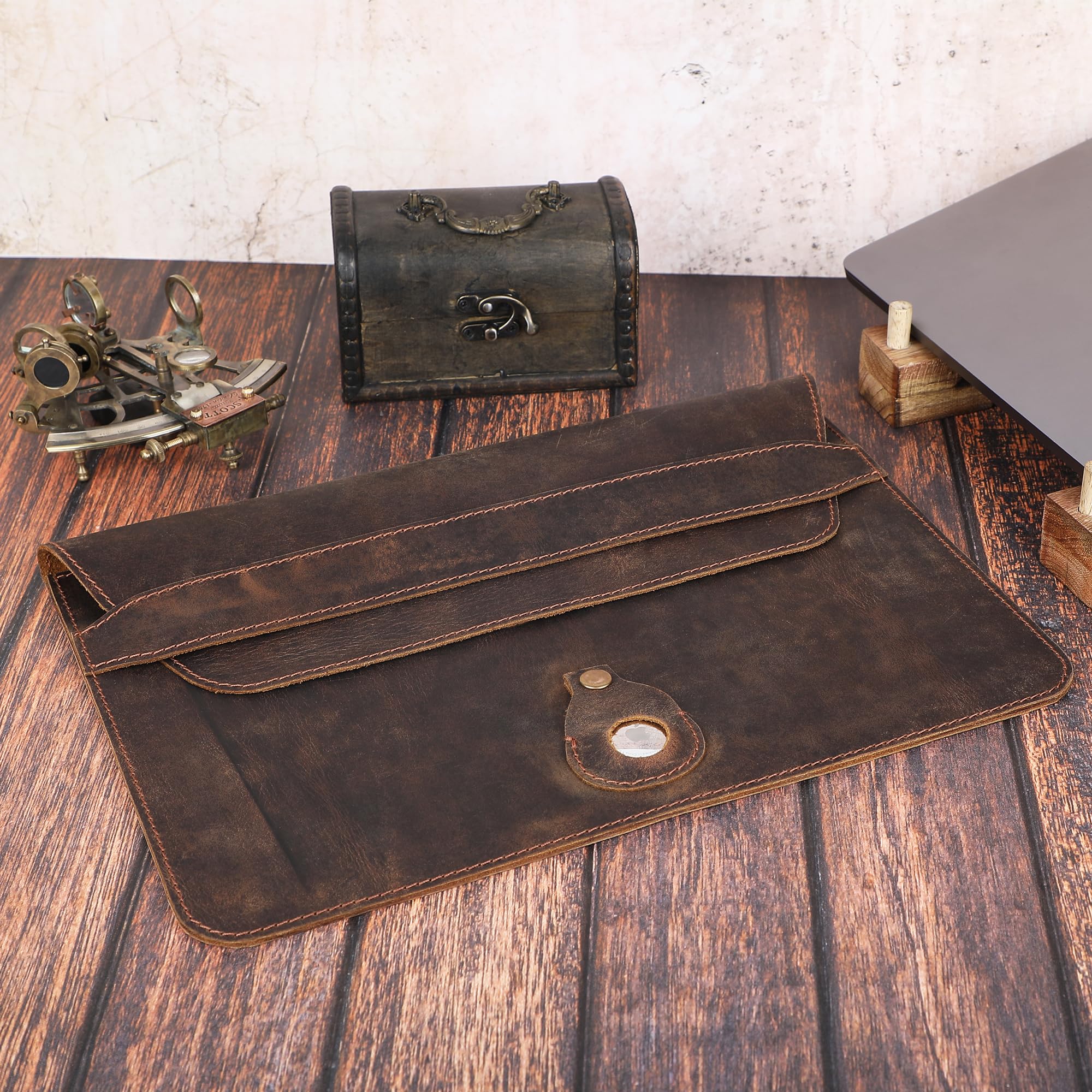 Premium Genuine Leather Laptop Sleeve for MacBook Pro 13-13.3 Inch (M1/M2/M3 Chip) & MacBook Air 14 Inch - Shockproof Protective Case with AirTag Pocket & Pen Holder (Brown) | Perfect for Business Travel, Office & College Use