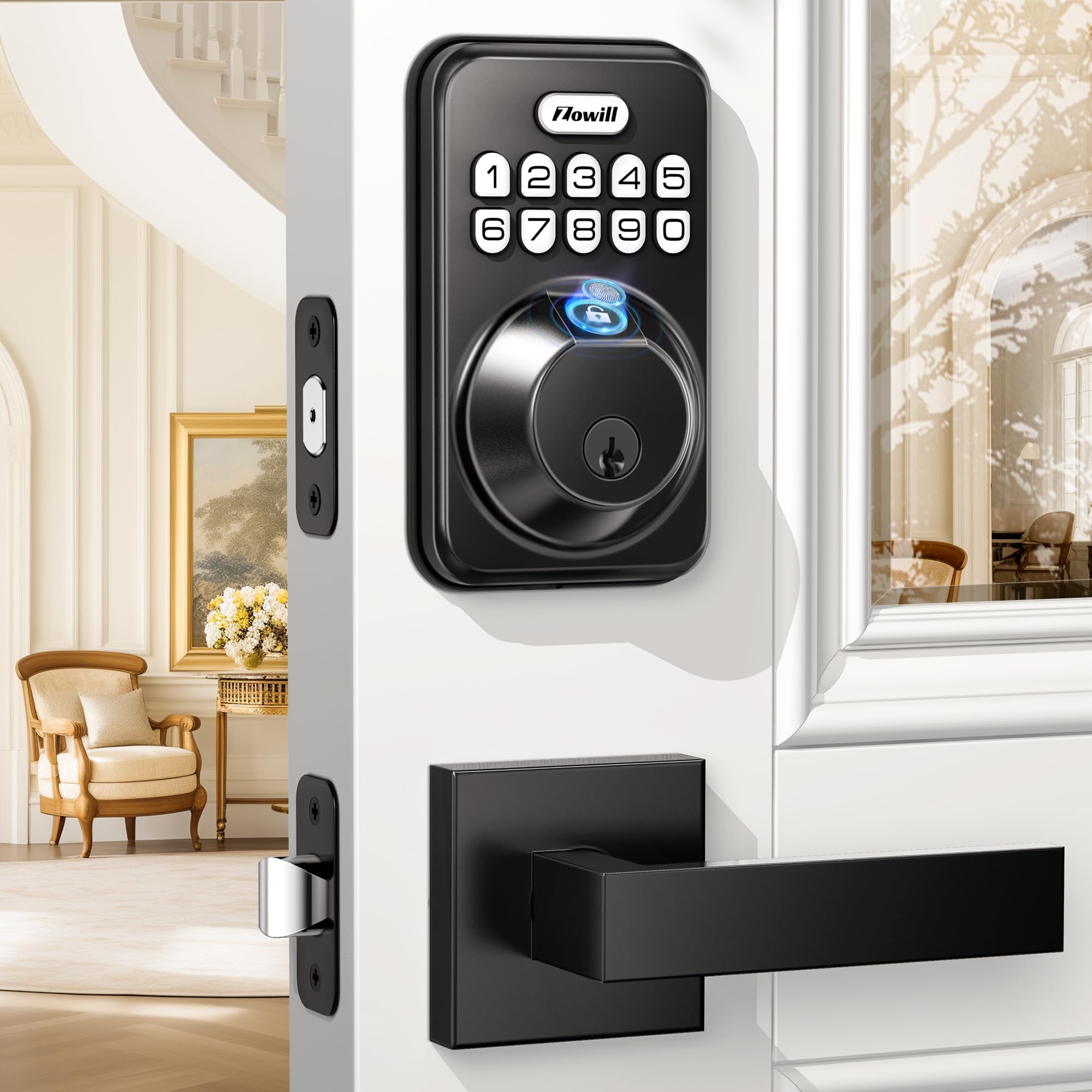 Zowill Smart Fingerprint Door Lock - Keyless Entry Keypad Lock with 2 Handles, Auto Anti-Peeping Password, Electronic Deadbolt - Easy Installation for Homes & Apartments | Perfect for Secure Front Door Access & Vacation Rentals