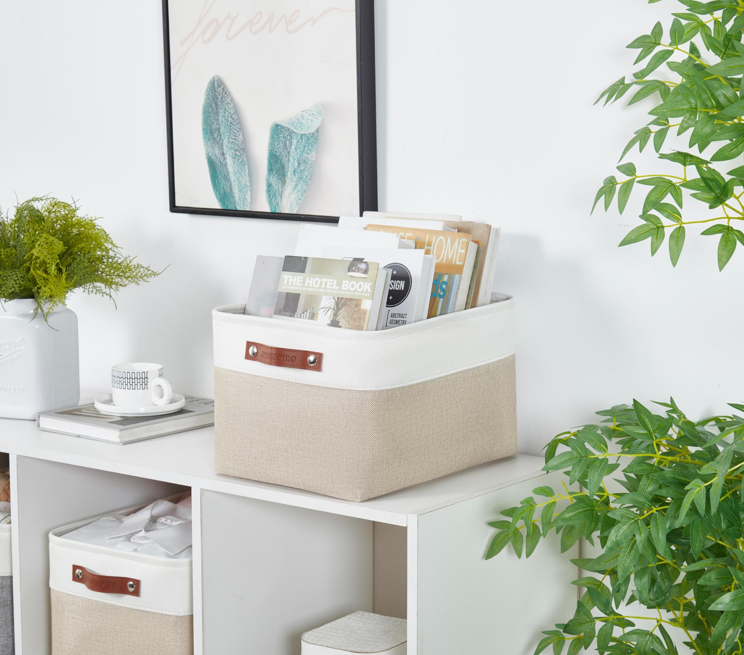 DECOMOMO Fabric Storage Bins - Large 3-Pack Beige & White Storage Baskets for Shelves, Linen Closet, Toy & Nursery Organization | Perfect for Home, Office & Kids Room Storage Solutions