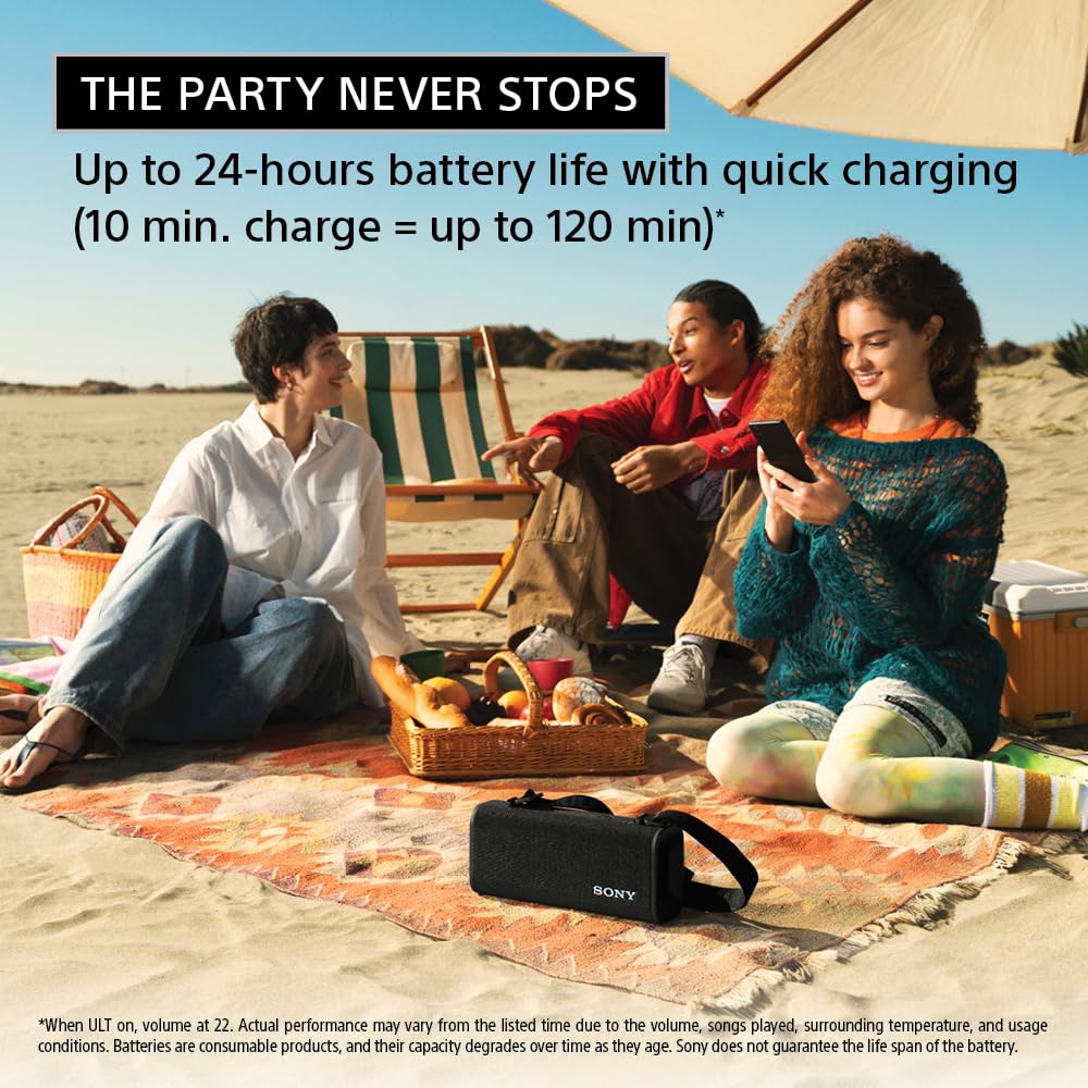 Sony ULT Field 3 Wireless Portable Bluetooth Speaker - IP67 Waterproof, Dustproof, Shockproof with Enhanced Bass - 24 Hour Battery Life - Shoulder Strap (SRSULT30B, Black) - Perfect for Outdoor Adventures, Beach Parties, Camping & Travel